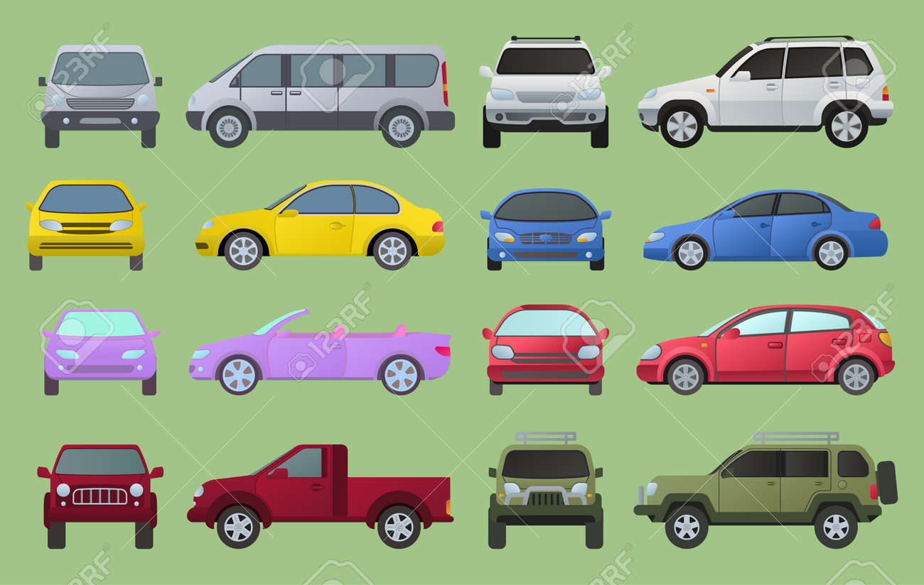 車 の都市異なるモデルオブジェクトのアイコンは 多色自動車のスーパーカーを設定します ホイールシンボルトップとフロントビューサイドカータイプ 交通収集キャンピングカーの 種類 セダン トラックミニバン自動車 のイラスト素材 ベクタ Image