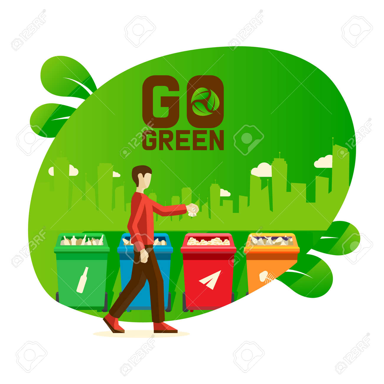 Go Green Banner, Male Characters Recycle Plastic, Paper, Glass In City,  Isolated On White, Flat Vector Illustration. Man Sorting, Clean Garbage.  Save The Planet From Trash, Pollution And Material. Клипарты, SVG, векторы,
