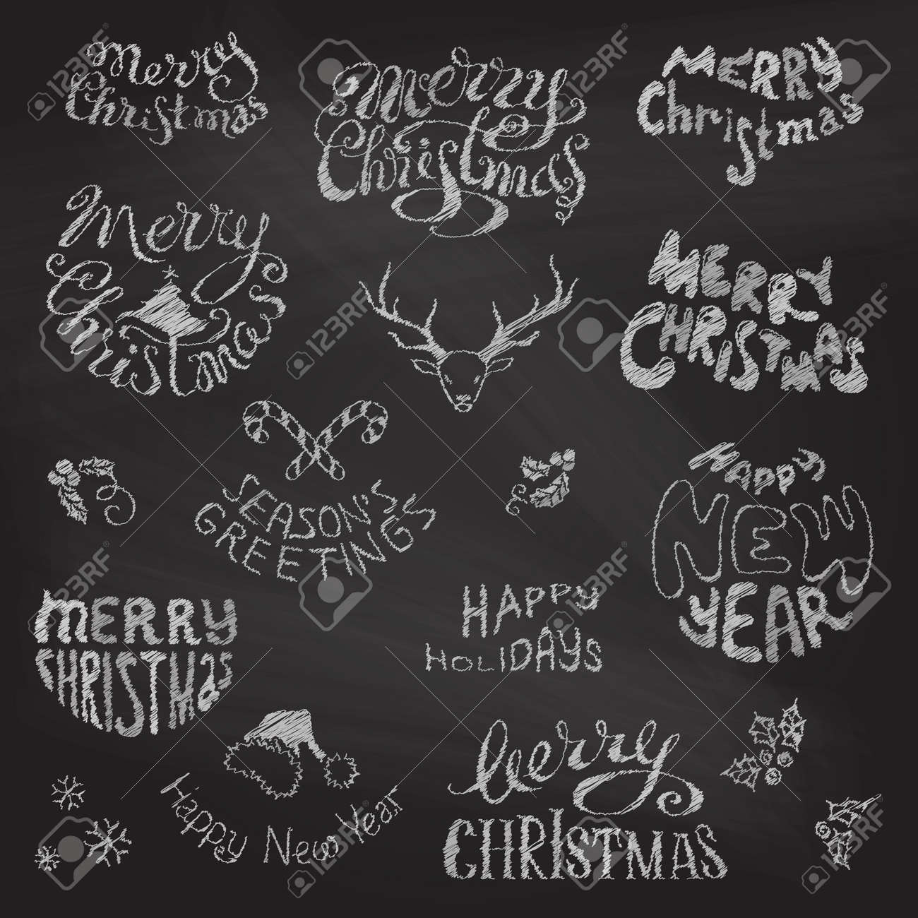 merry christmas and happy new year lettering chalk hand drawn