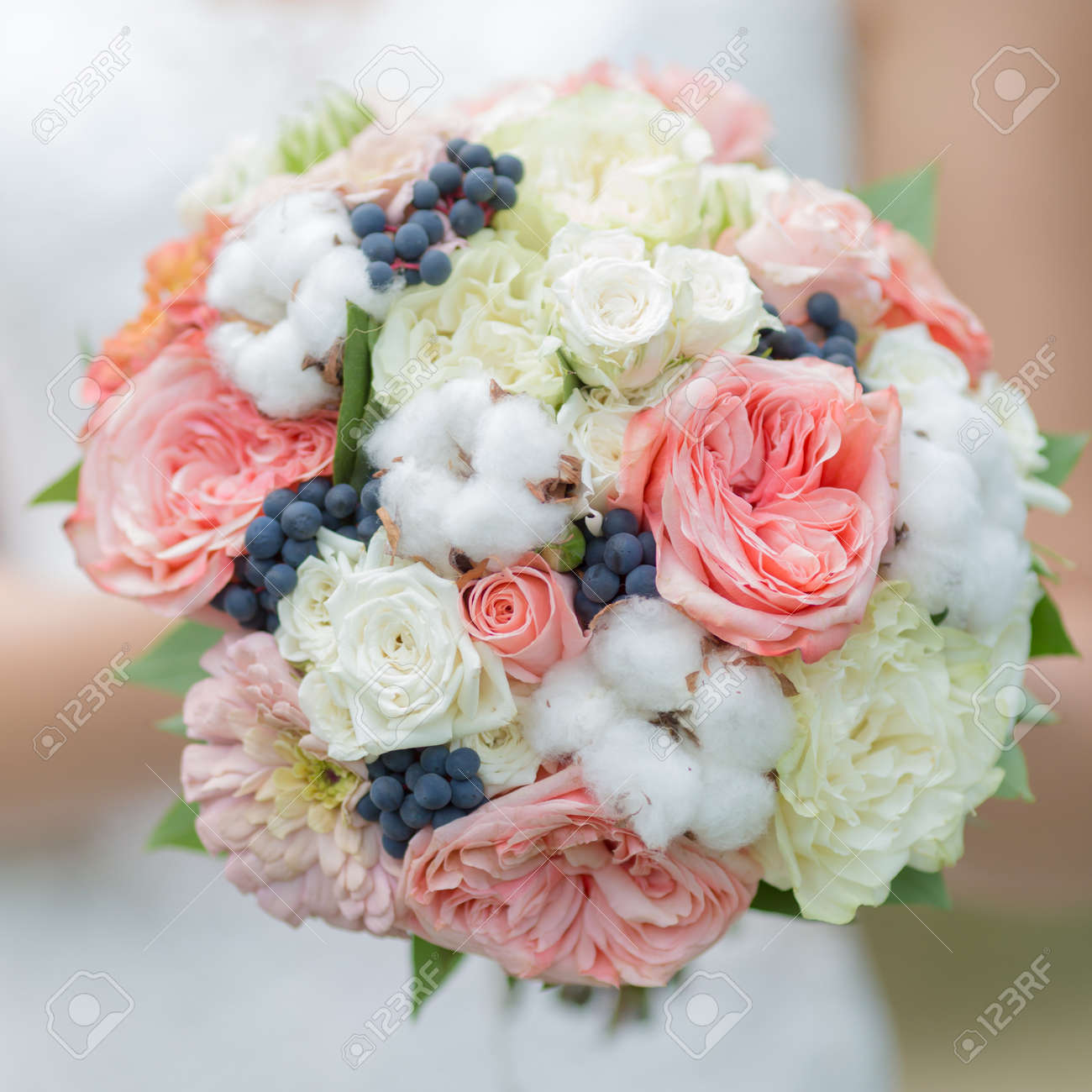 Bridal Bouquet Nice Nosegay With Flowers Of Cotton In Hand Of