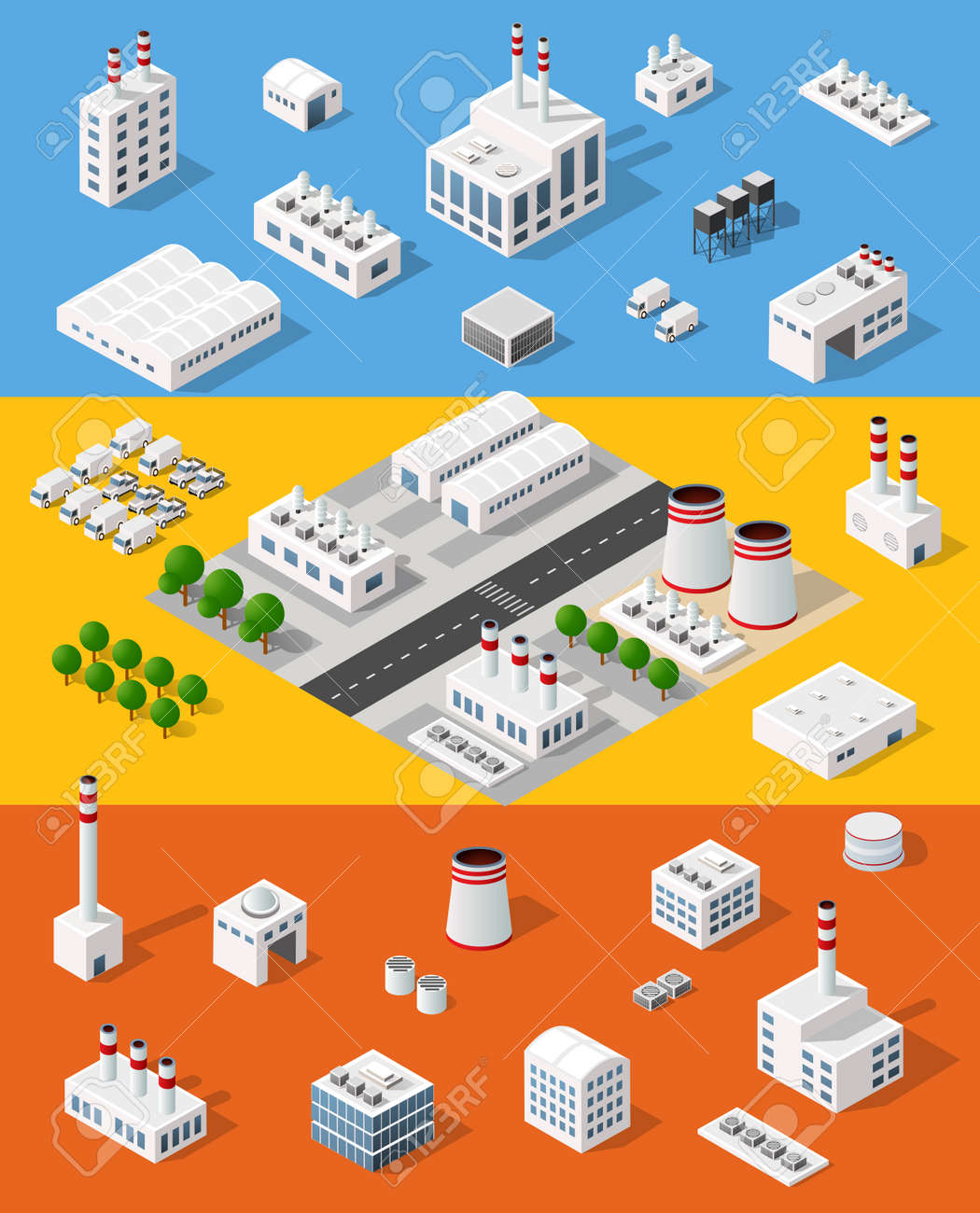 オブジェクトの上面建設業界と等尺性工場 工場 ボイラーおよび倉庫のセット のイラスト素材 ベクタ Image