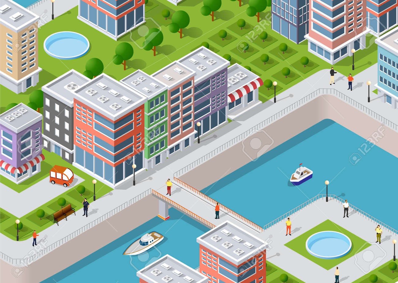 isometric illustration of a city waterfront with a river yachts isometric illustration