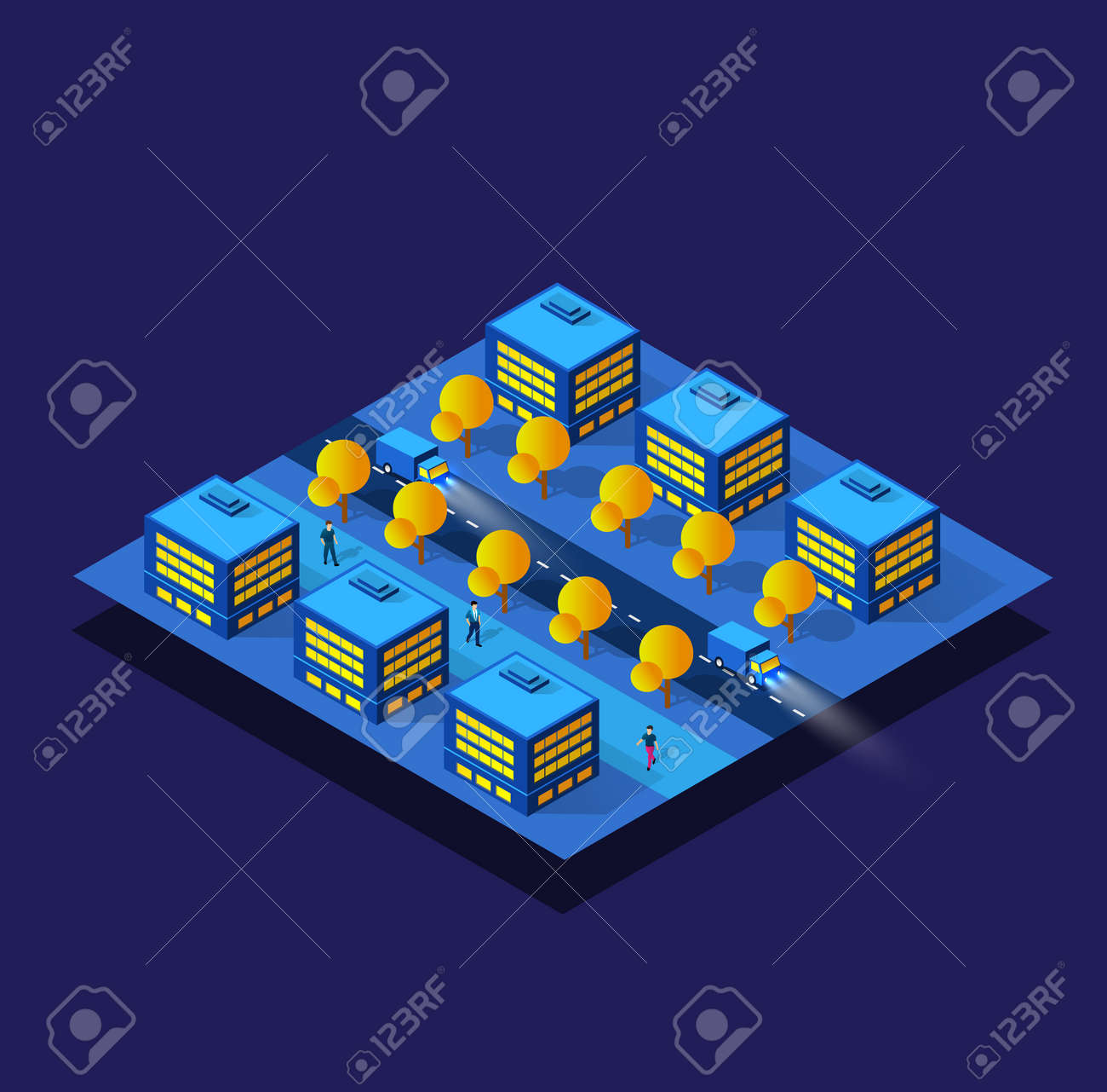 夜、ネオン、紫色のスマートモジュールブロック地区都市3D都市インフラ等角図建物の将来の紫外線セット。ベクターデザイングラフィックスの概念的な住宅街のイラスト。のイラスト素材・ベクター  Image 148849018