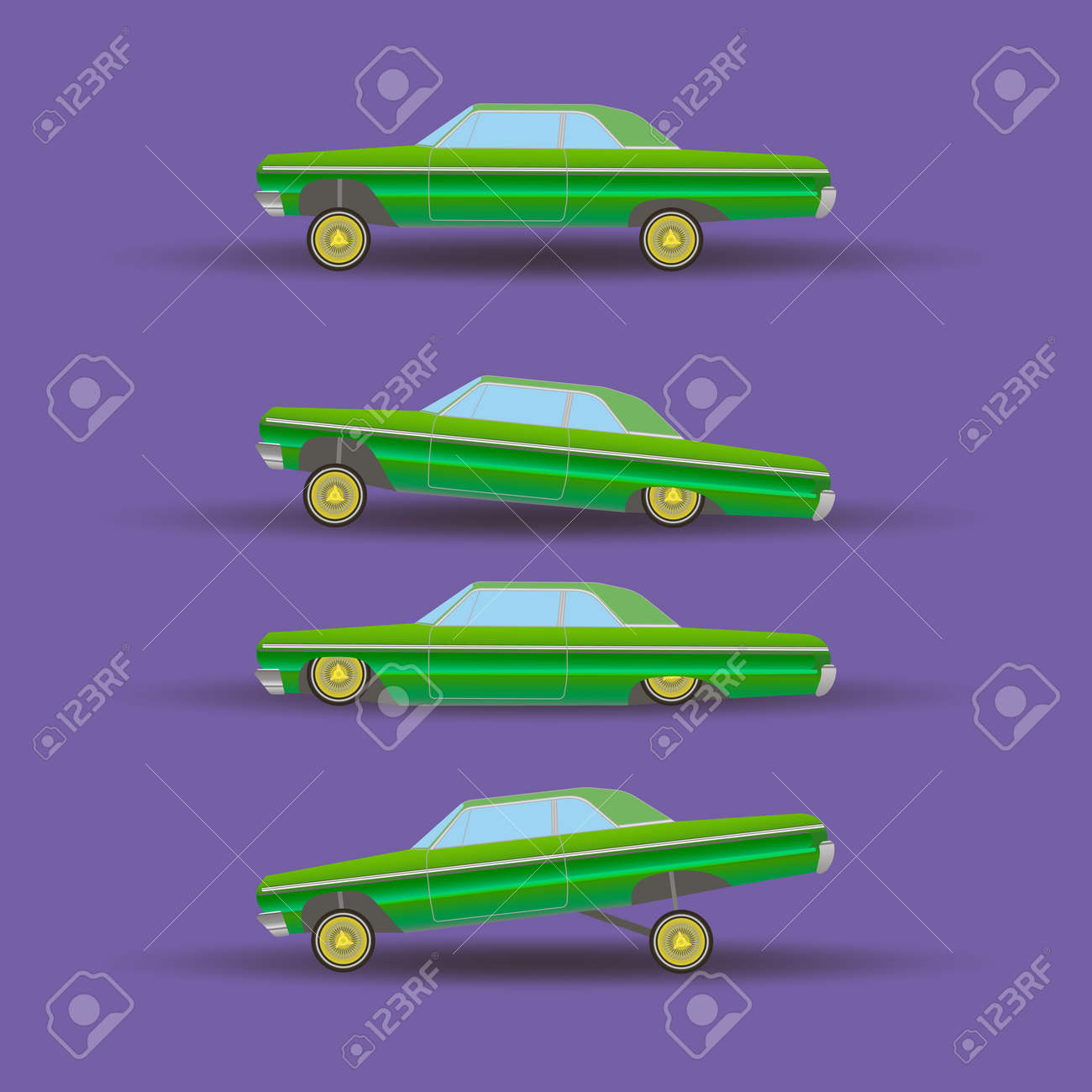 4 緑の紫色の背景にクルーズ ローライダーのイラスト素材 ベクタ Image