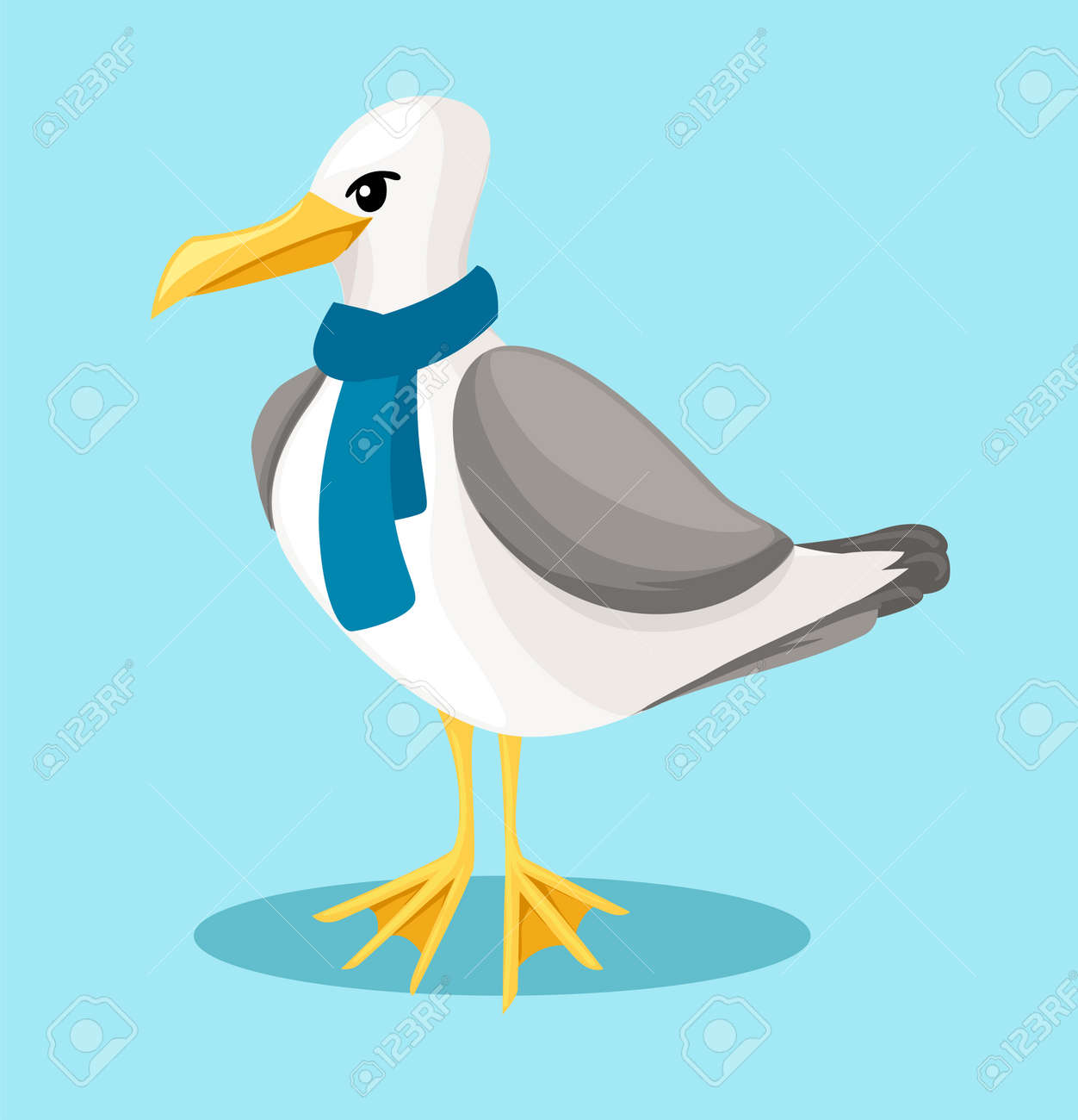 Mouette Sur Un Fond Bleu Dans La Mer De Style Dessin Animé Oiseau De Locéan Dans Une Icône De Lécharpe Ou Un Bouton Dans Le Style Plat