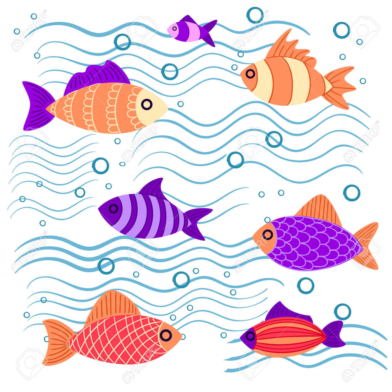 グラフィック魚バイオレットのパターンと赤 ピンクはマルチカラーを小さな葉の海海で魚釣り 手には ベクトルの魚が描かれました スケッチ のイラスト素材 ベクタ Image