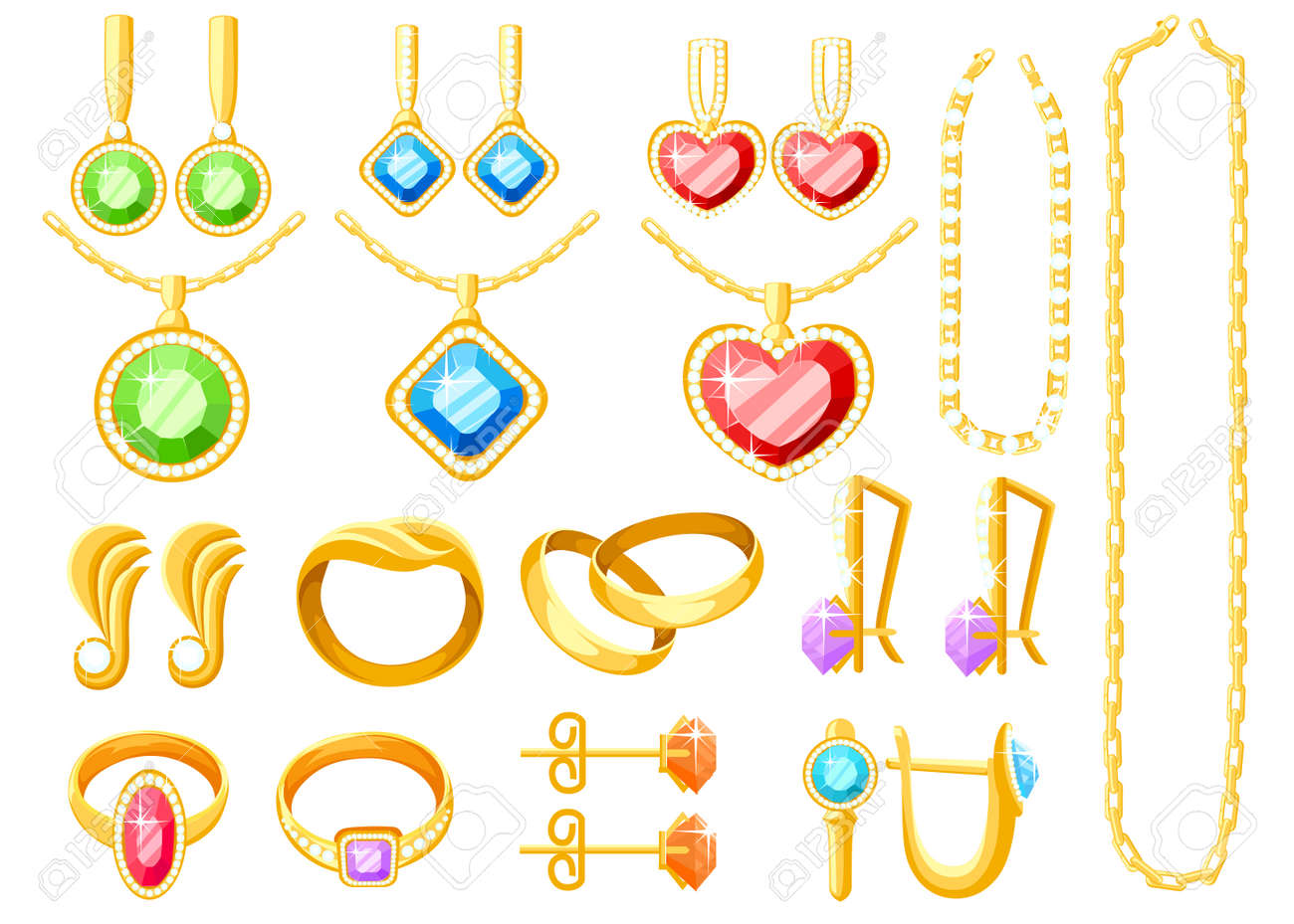 黄金のジュエリーのセット ゴールデンリング イヤリング チェーン ネックレスコレクション 漫画ジュエリーアクセサリーベクターイラスト は 白い背景に分離されています のイラスト素材 ベクタ Image