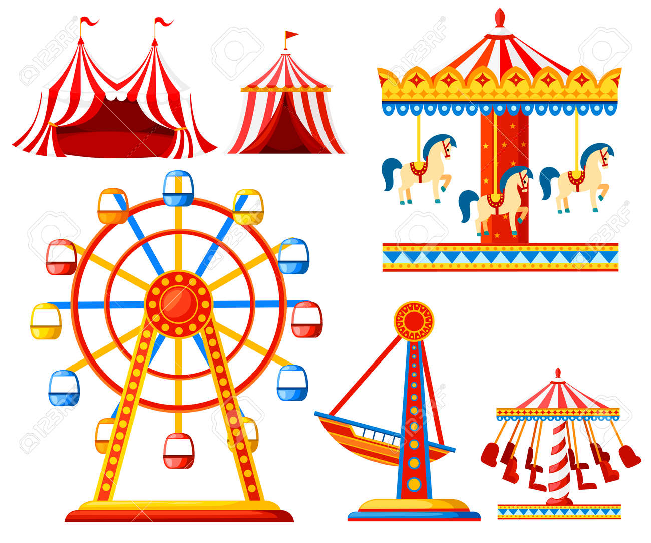 Set of carnival circus icons. Amusement park collection. Tent, carousel, ferris wheel, pirate ship. Cartoon style design. Vector illustration isolated on white background. - 98771810 Set of carnival circus icons. Amusement park collection. Tent, carousel, ferris wheel, pirate ship. Cartoon style design. Vector illustration isolated on white background. - 98771810