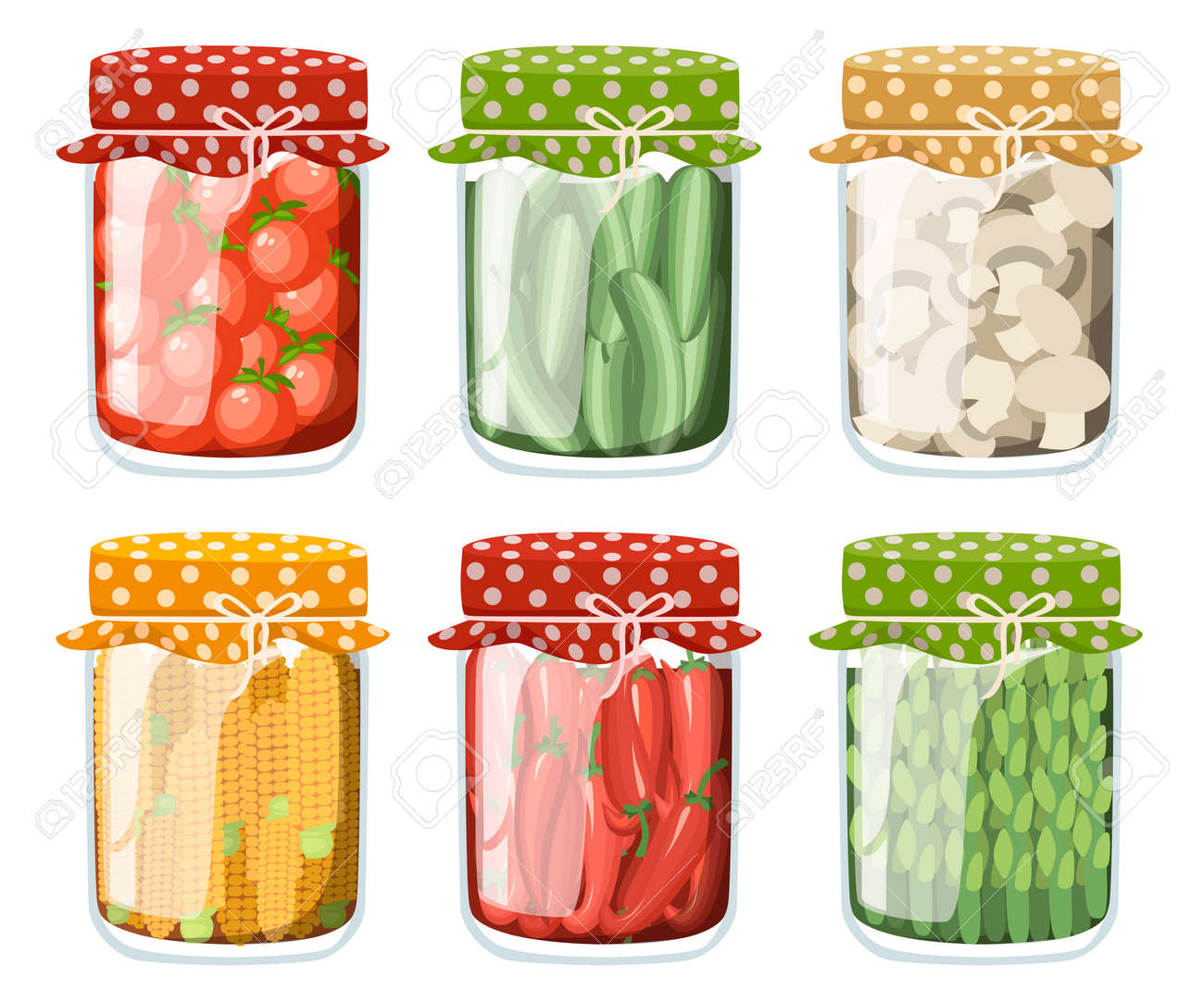 Collection Of Pickled Vegetables In Transparent Glass Jar Vegetarian Royalty Free Cliparts Vectors And Stock Illustration Image 120204529