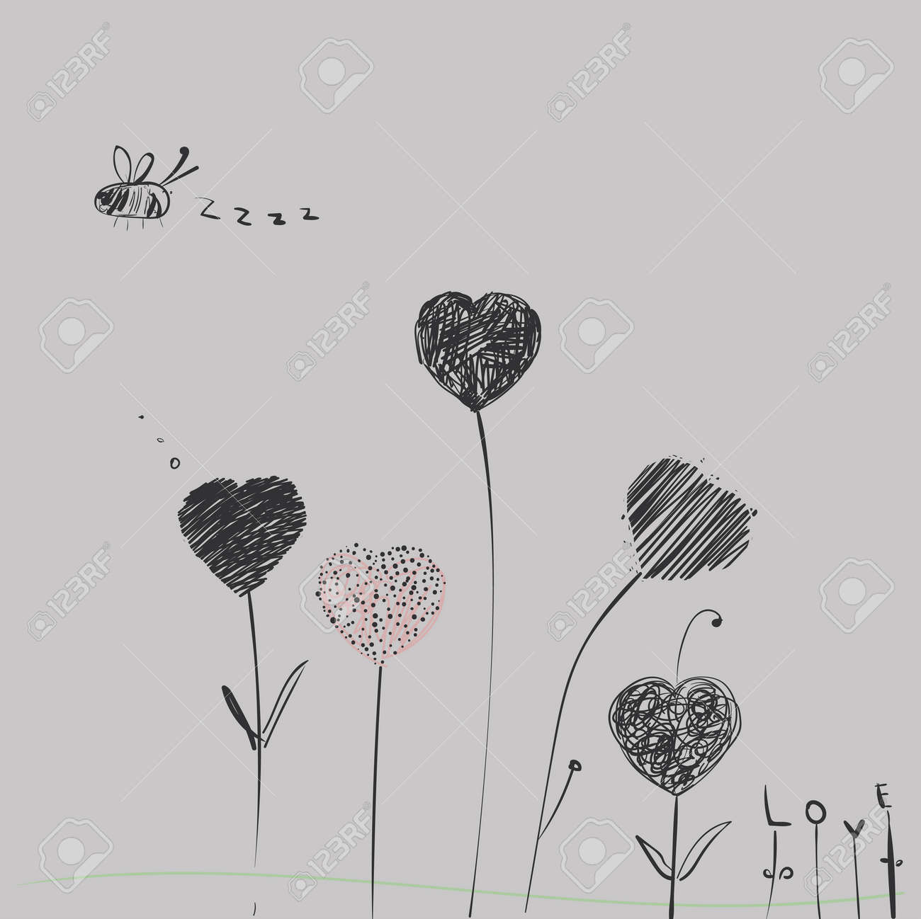 Coeur Fleurs Sur Les Tiges La Main Dessin En Pointillés