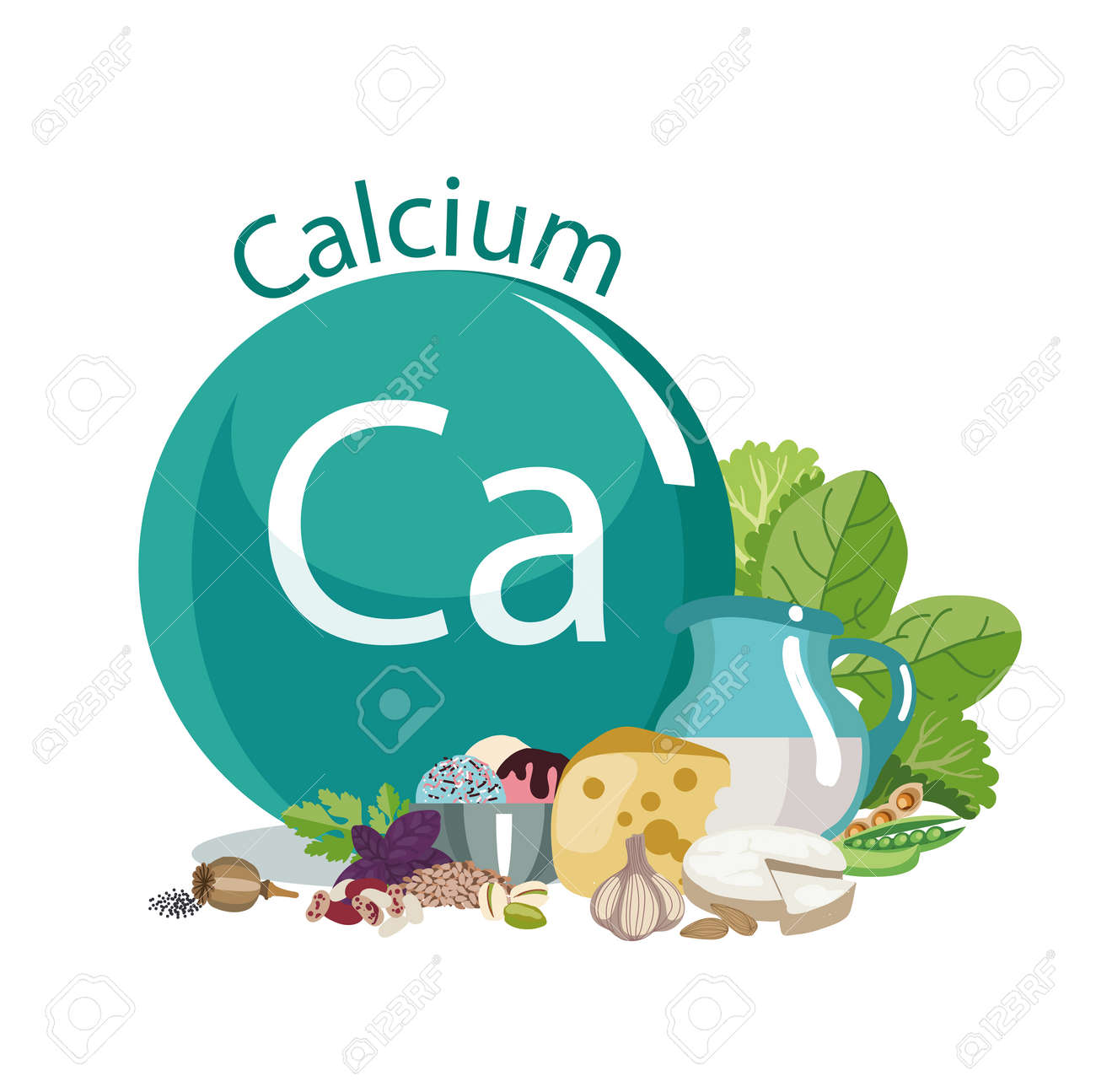 カルシウム カルシウムとカルシウムが豊富な有機食品の丸い印の組成物 健康的な食事 のイラスト素材 ベクタ Image