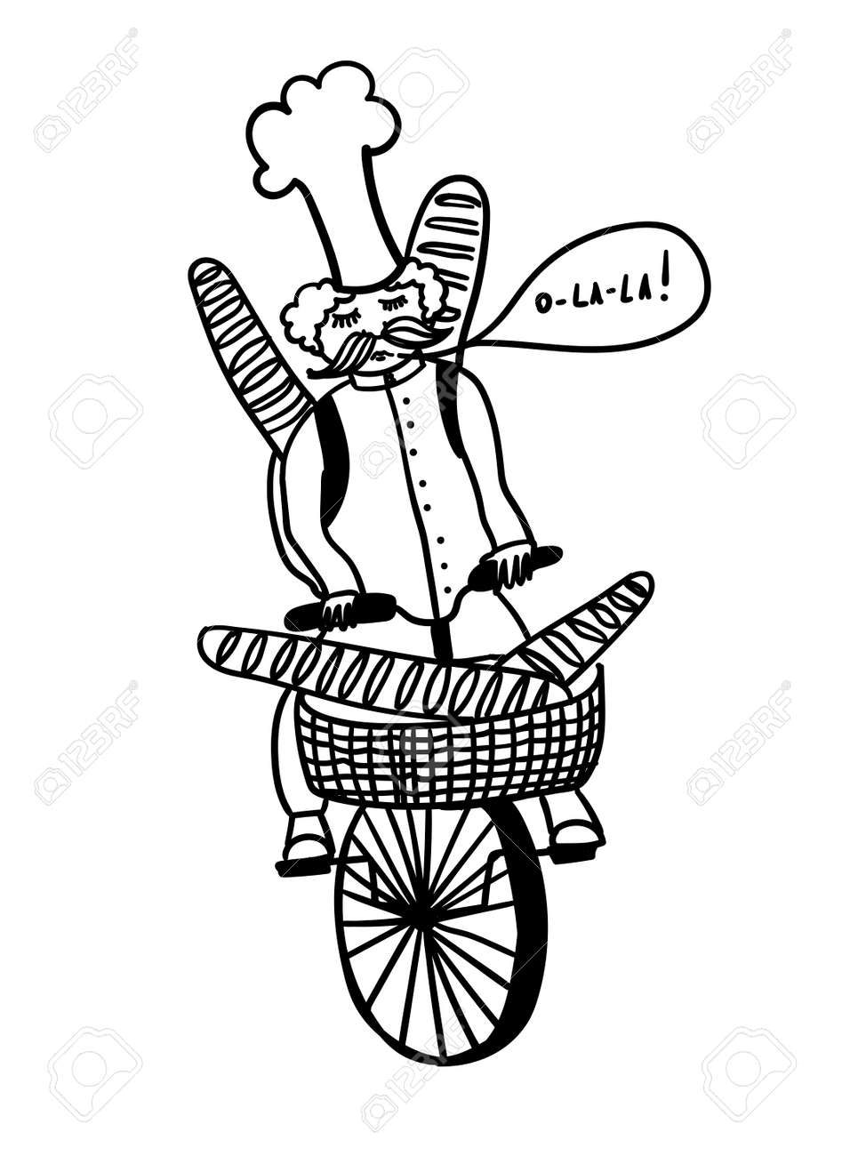 フランス人シェフ 自転車に乗るし 新鮮なバゲット コミックのアウトラインを運ぶのイラスト素材 ベクタ Image