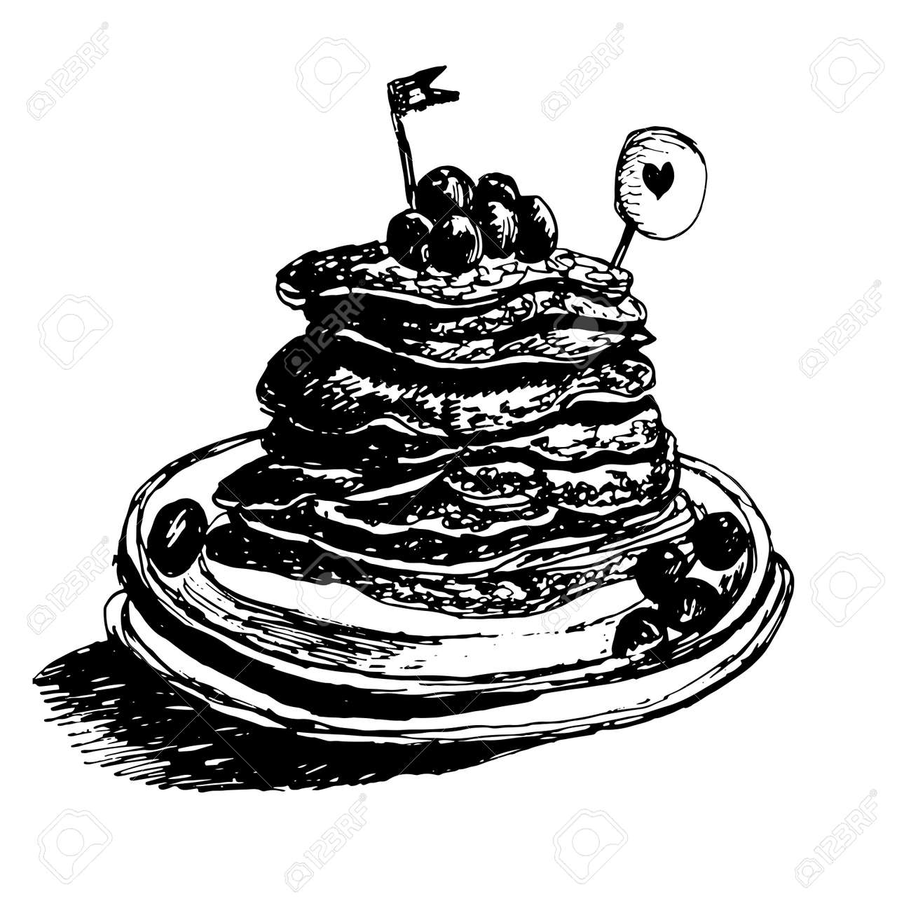 デザート新鮮なホットケーキ メープル シロップ ブルーベリーと注がれる グラフィック インク スケッチ図 のイラスト素材 ベクタ Image