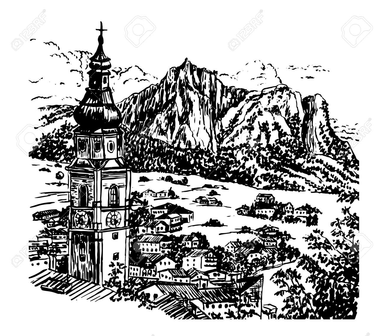 drawing alpine village in tyrol with a beautiful bell tower austria sketch hand drawn