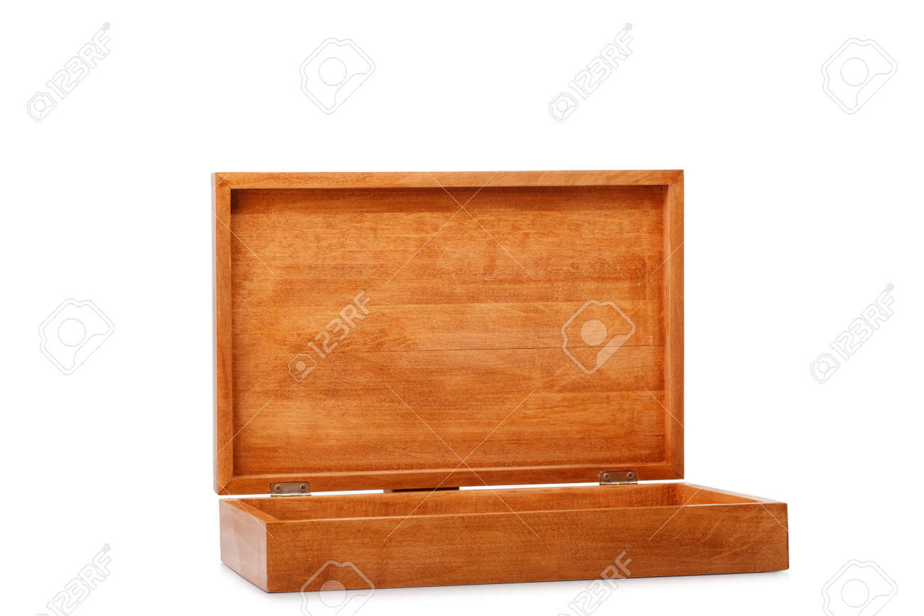 Close-up Of A Dark Brown Wooden Box Container Isolated On A White Background.  An Opened Empty Natural Crate For Storage. A Rustic Antique Box For Keeping  Small Items. Cargo Delivery And Shipment., image size:1300x867