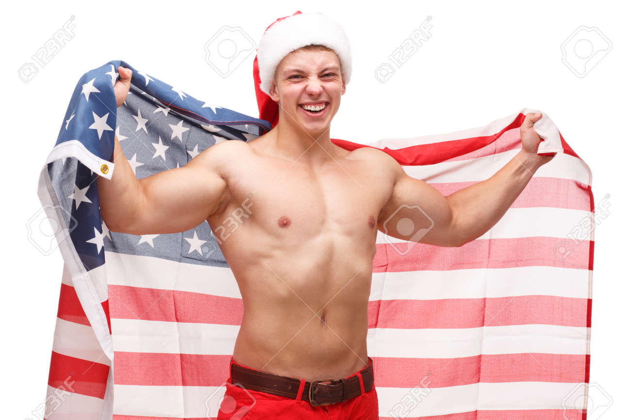 Un Hombre Con El Pecho Desnudo Inclinó La Bandera Estadounidense Detrás De  Su Espalda Sobre Fondo Blanco Aislado Fotos, retratos, imágenes y  fotografía de archivo libres de derecho. Image 89975152