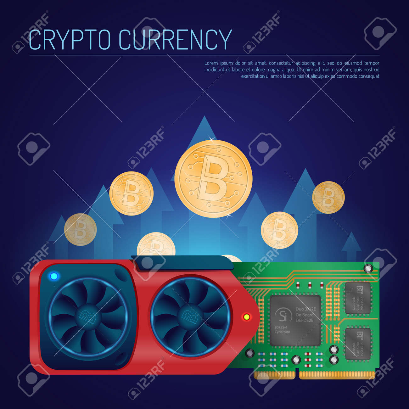 비트 코인이있는 자세한 비디오 그래픽 카드의 등각 투영 평면 벡터 로열티 무료 사진, 그림, 이미지 그리고 스톡포토그래피. Image  96525947