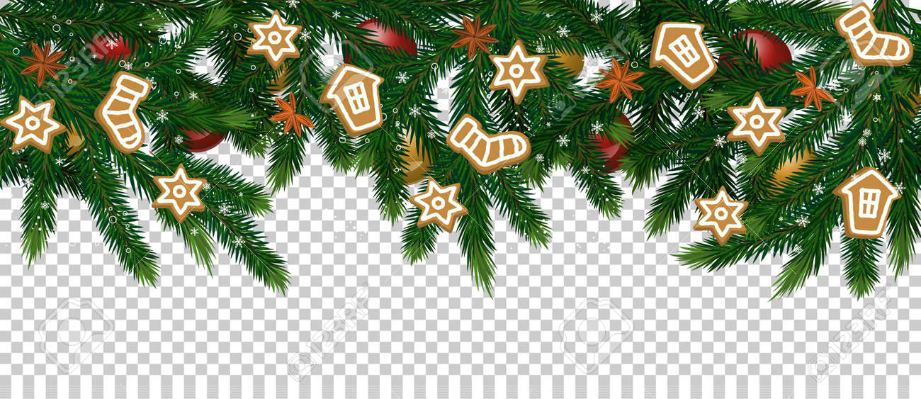 メリー クリスマスと幸せな新年のコンセプトです クリスマス装飾クリスマス ツリーの枝 ボールのおもちゃ 星 ジンジャーブレッド クッキーの図 透明な背景にクリスマス ツリー ブランチのイラスト素材 ベクタ Image