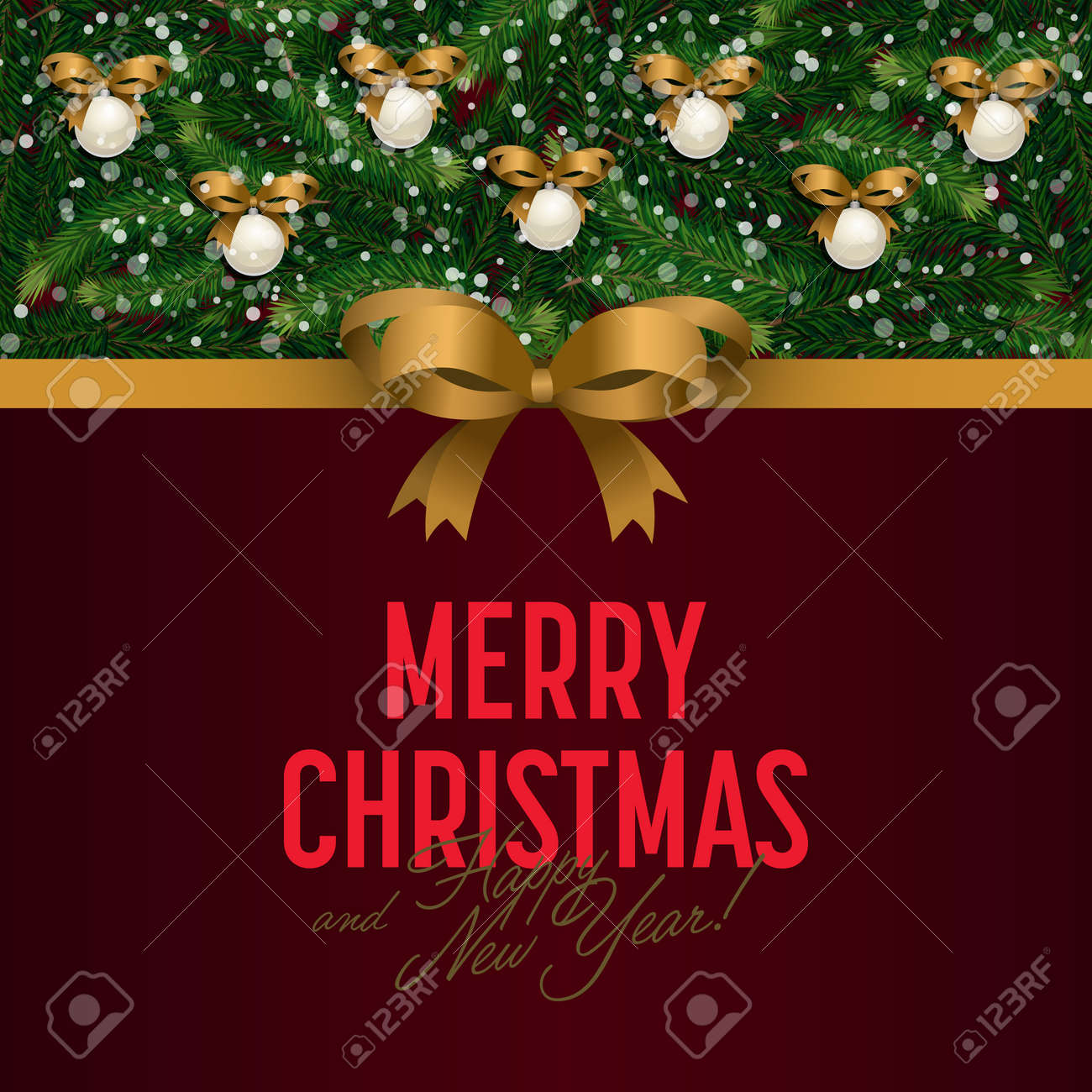 メリー クリスマスと幸せな新年のグリーティング カード ベクトル イラスト クリスマス ツリーと休日の装飾クリスマス の招待状 ゴールドのリボンと弓 お祝いお祝いクリスマス背景 のイラスト素材 ベクタ Image