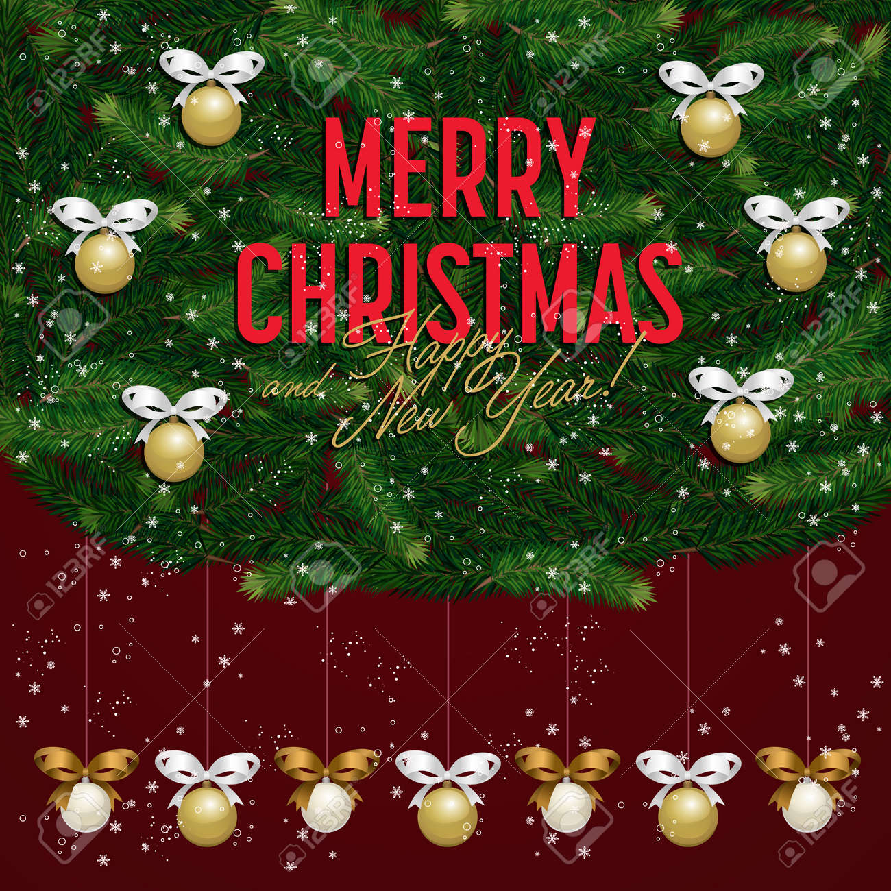 メリー クリスマスと幸せな新年のグリーティング カード イラスト クリスマス ツリーの緑と休日の装飾クリスマスのお祝い モミの木の弓と黄金と銀の クリスマス ボールのイラスト素材 ベクタ Image