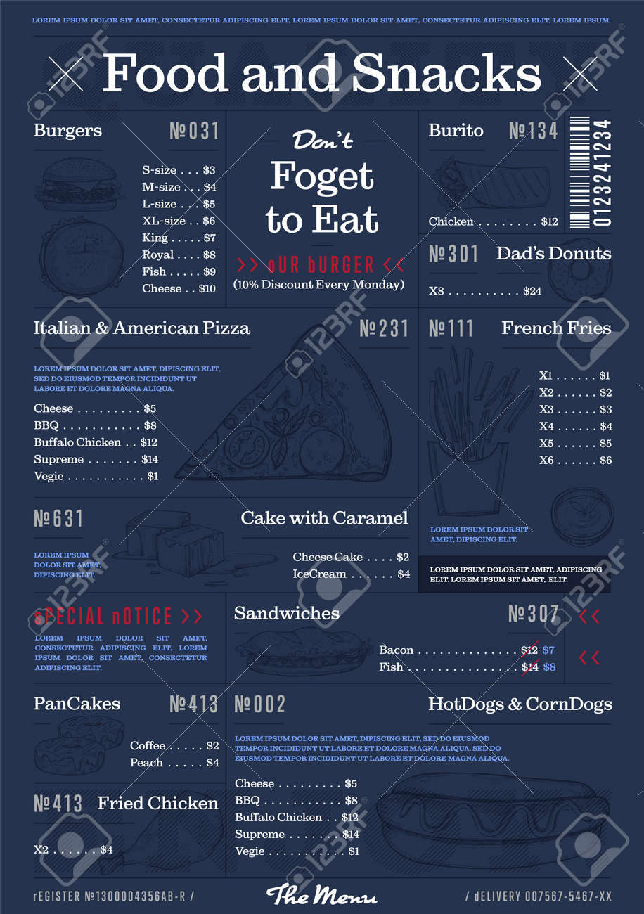 レストランやカフェ メニュー ビンテージ デザインのベクター イラストです ファーストフードやスナック メニューのページ 食品スケッチ カフェ価格カタログ コーポレート アイデンティティ レストラン メニュー テンプレートの手で描かれたグラフィック のイラスト