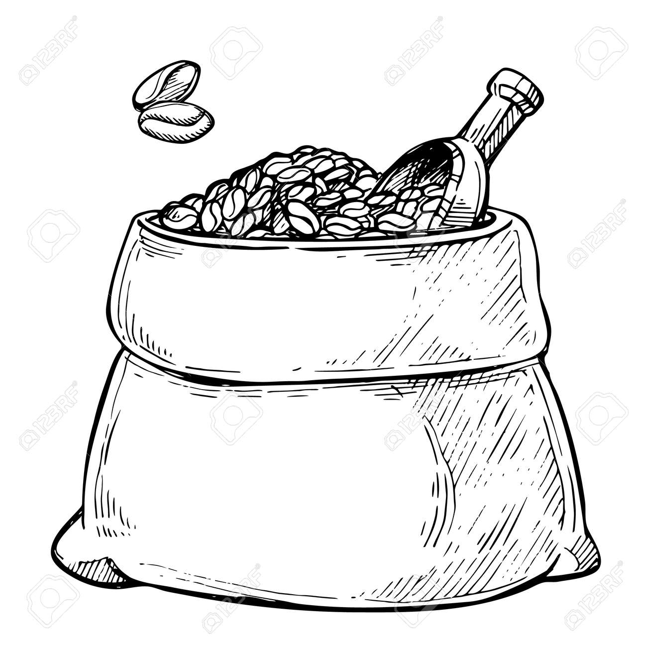 コーヒー豆の焙煎は 白い背景ベクトル図に分離されたフリーハンドの鉛筆デッサンをバッグします カフェやレストランのメニュー デザイン要素 レトロは バーラップ袋のビンテージ スタイルでのコーヒー豆のロースト のイラスト素材 ベクタ Image