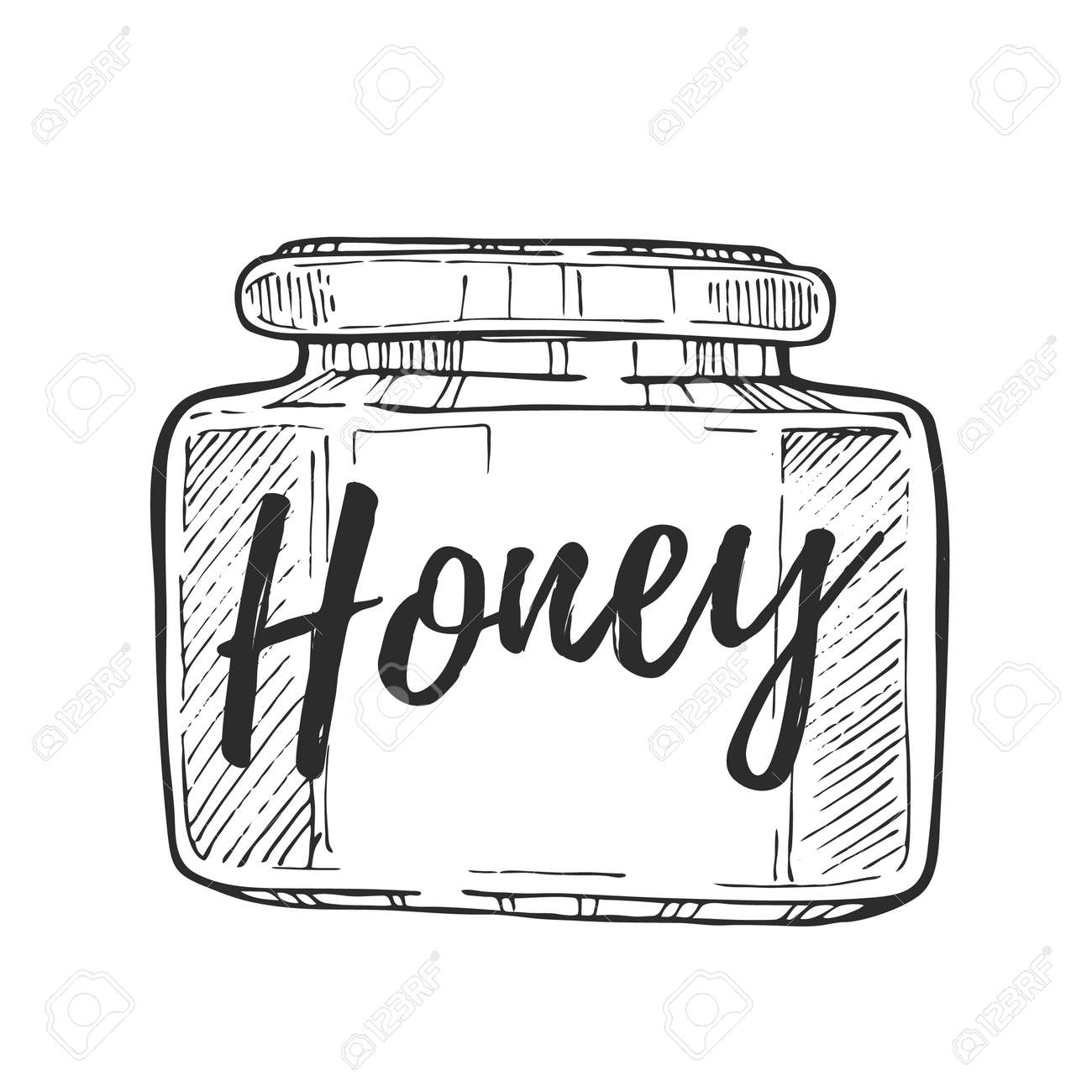 蜂蜜の瓶のフリーハンド鉛筆デッサン白い背景ベクトル図に分離されました 有機性甘い製品 おいしい伝統的な料理モノクロ スケッチ ビンテージ スタイルの蜂蜜瓶アイコン のイラスト素材 ベクタ Image
