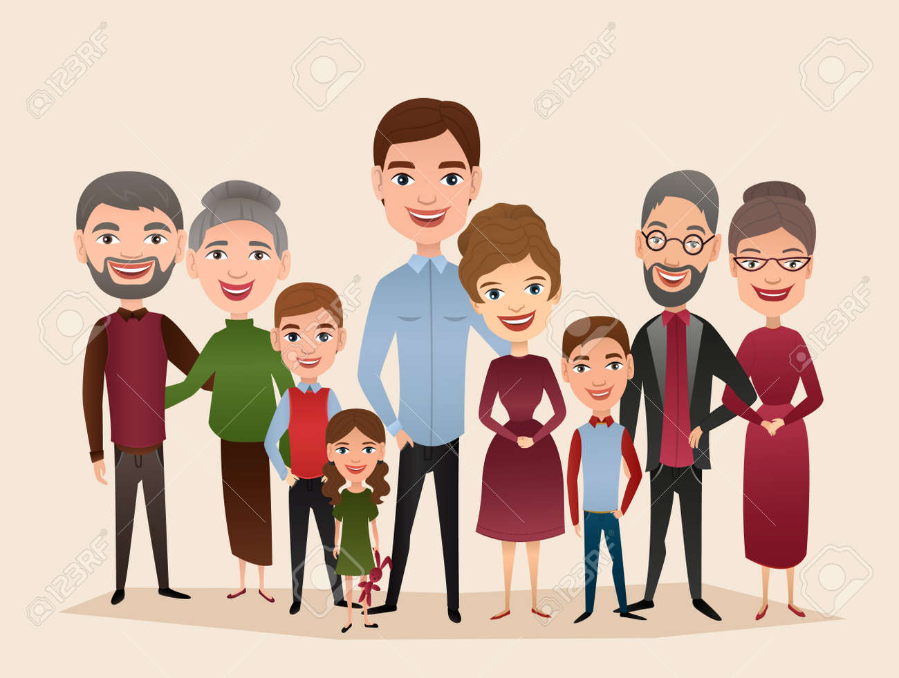 Ilustracion Vectorial Gran Familia Feliz Madre Padre Abuelos Hijos Padres Hermano Hermana Hijo Personajes De Dibujos Animados Hija Generaciones De La Familia De Pie Juntos Retrato De Familia Ilustraciones Vectoriales Clip Art
