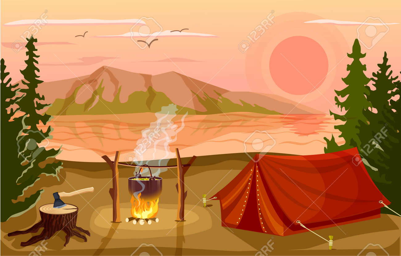 夕日ベクトル図で湖の近くの森で夏のツーリスト キャンプ 川の土手にテントをキャンプファイヤーと観光 キャンプやハイキング 夏の屋外の休暇 冒険旅行 山の風景 のイラスト素材 ベクタ Image