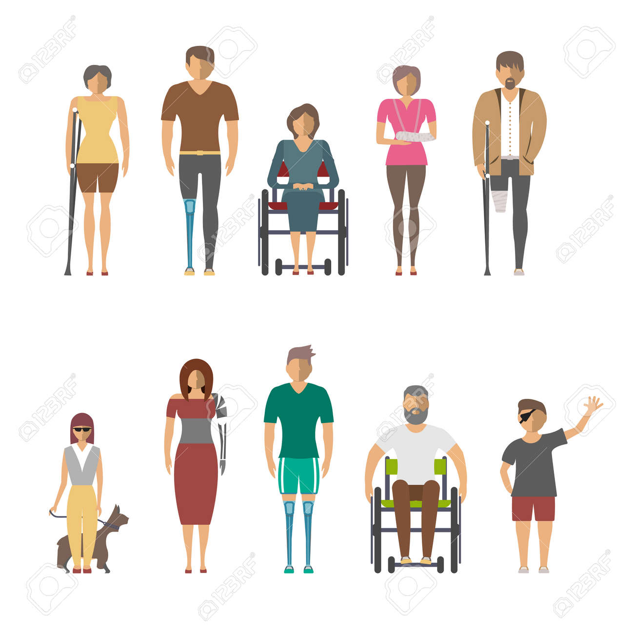 Disabled people isolated set in flat design vector illustration. Invalid person, blind woman, broken arm, people on wheelchair, prosthetic arms and legs. Healthcare assistance and accessibility - 74377226 Disabled people isolated set in flat design vector illustration. Invalid person, blind woman, broken arm, people on wheelchair, prosthetic arms and legs. Healthcare assistance and accessibility - 74377226