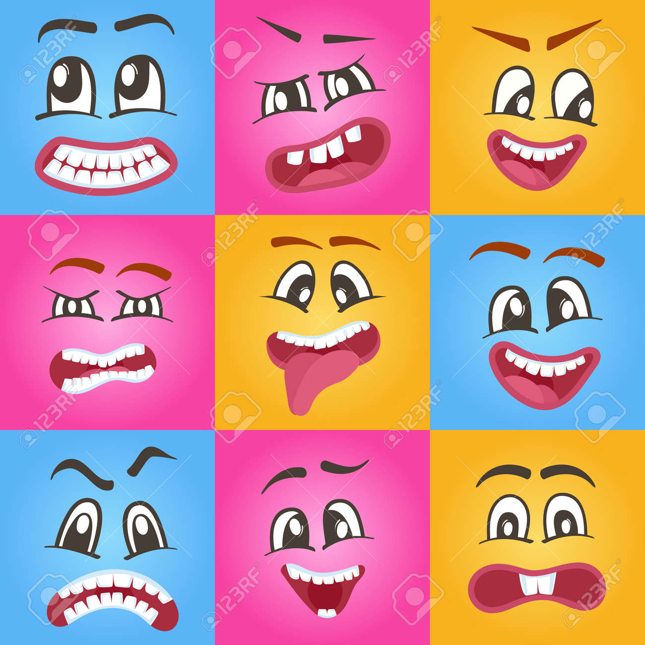 絵文字は 別の表現で設定します 幸福 怒り 喜び 怒り 悲しい 遊び心 恐怖 驚き笑顔 目や口 面白い漫画に直面しています 漫画かわいい絵文字分離ベクトル図 のイラスト素材 ベクタ Image