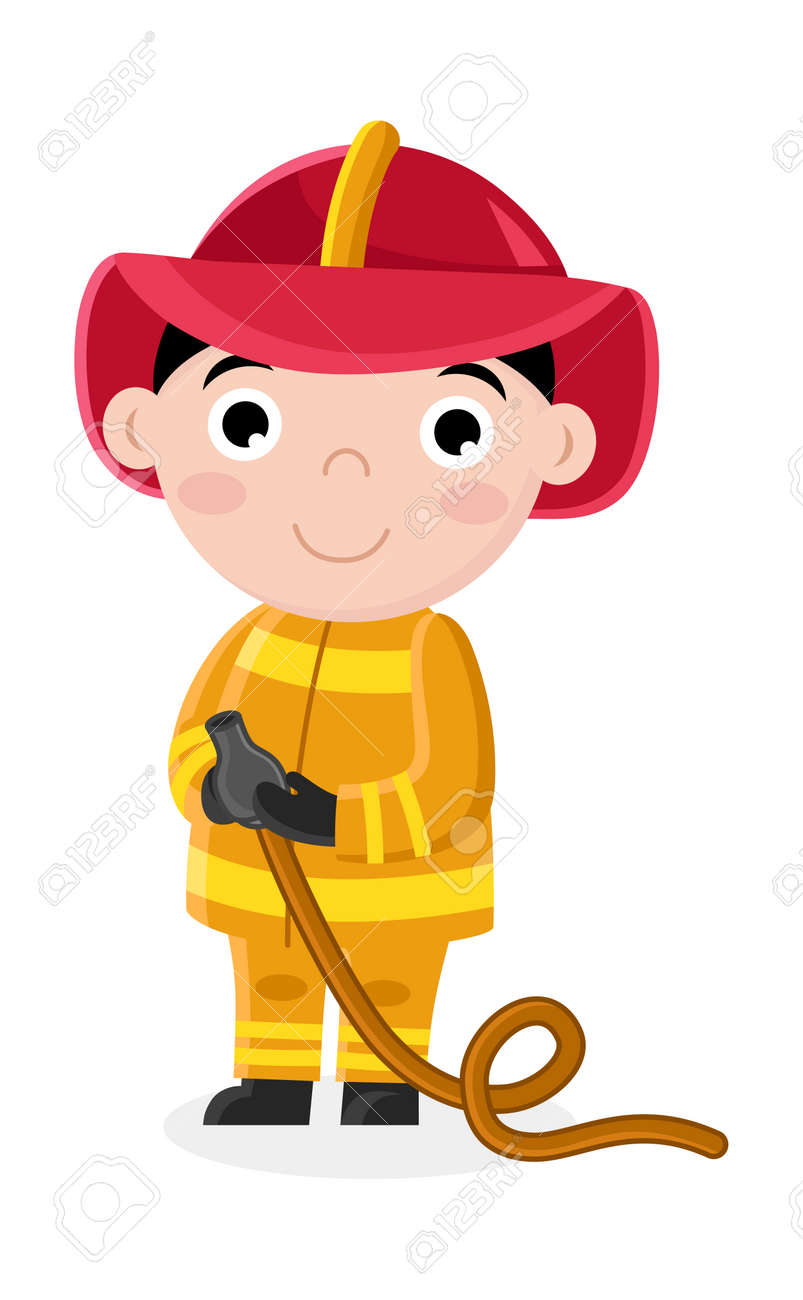 Sonriente Niño En Uniforme De Bombero Con Manguera. El Concepto Profesional Del Empleo, Niñez Feliz, Personaje De Dibujos Animados Del Niño De La Emoción Aislado En El Fondo Blanco Vector El Ejemplo. Sonriente Niño En Uniforme De Bombero Con Manguera. El Concepto Profesional Del Empleo, Niñez Feliz, Personaje De Dibujos Animados Del Niño De La Emoción Aislado En El Fondo Blanco Vector El Ejemplo.