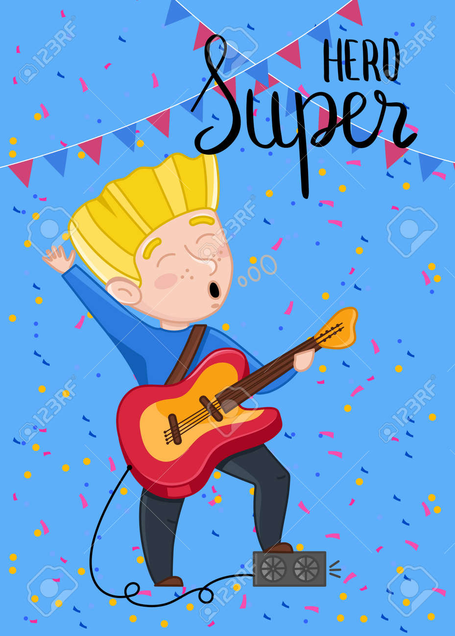 Carte D Enfants Super Heros Avec Un Garcon Jouant De La Guitare Electrique Carte De Voeux Mignonne Felicitation D Anniversaire Invitation D Evenement Clip Art Libres De Droits Vecteurs Et Illustration Image
