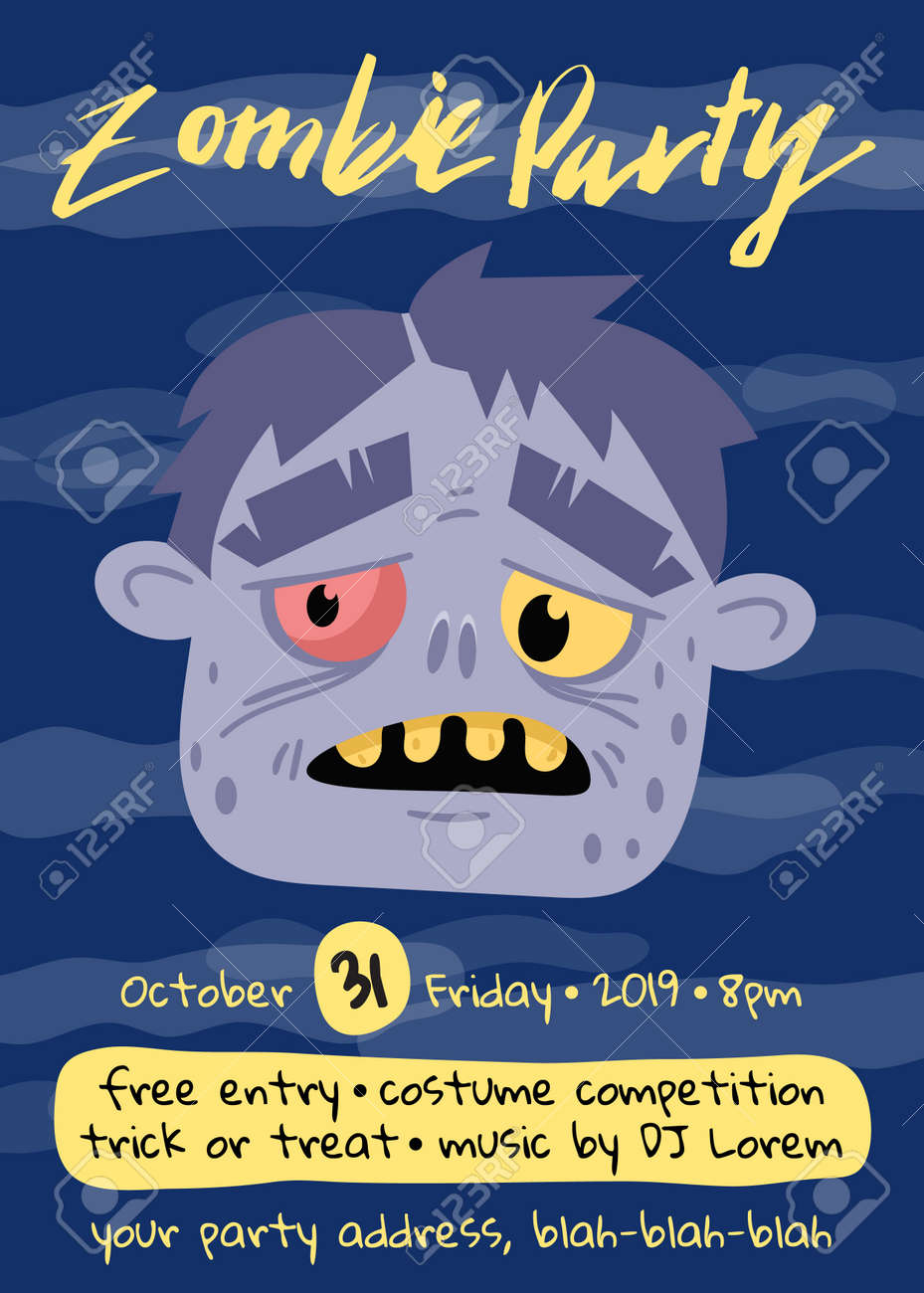 ハロウィーン モンスター ヘッド ゾンビ党のポスター 面白いアンデッド男 お祭りホラー イベント招待状と休日のバナーです クラブ プラカード ベクトル図のデッド文字を歩いてかわいいのイラスト素材 ベクタ Image