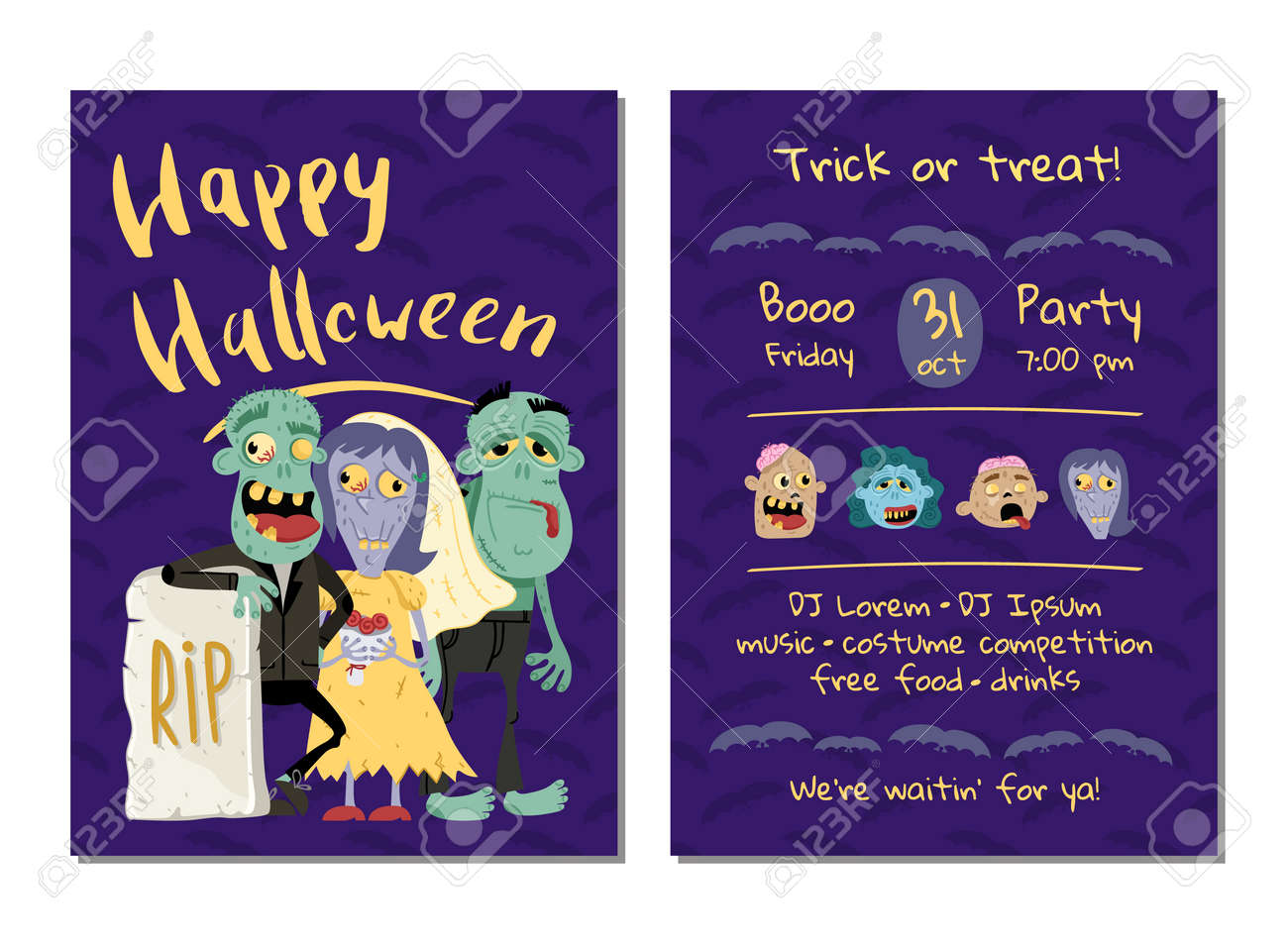 Halloween Party Invitation With Funny Zombies In Graveyard Halloween Event Advertising With Scary Undeads Festive Cute Carnival Poster Vector Illustration Royalty Free Cliparts Vectors And Stock Illustration Image 87275288