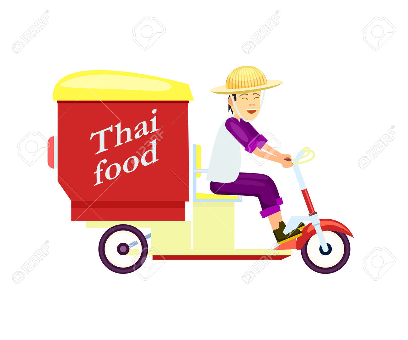 Icône de livraison de restauration rapide thaï avec homme de messagerie sur le scooter. Commande en ligne alimentaire à domicile, expédition Icône de livraison de restauration rapide thaï avec homme de messagerie sur le scooter. Commande en ligne alimentaire à domicile, expédition