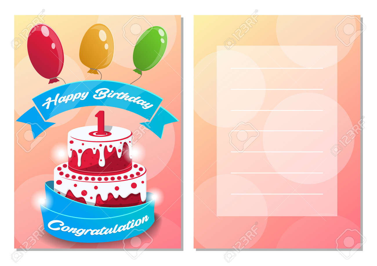 お誕生日おめでとう子供のポストカード セット 1 年記念日おめでとう 誕生日ケーキと空気の風船でグリーティング カード 子供たちのパーティー お祝いのベクトル図の招待状テンプレートのイラスト素材 ベクタ Image