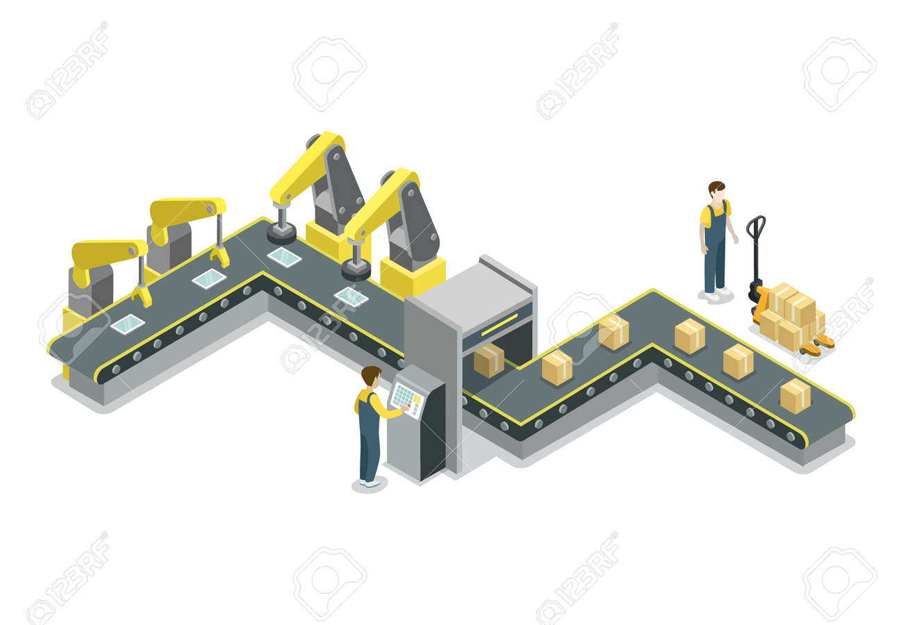 Modern belt production line isometric 3D icon. Industrial goods production, mechanical conveyor manufacturing process, assembly line vector illustration. - 91953542 Modern belt production line isometric 3D icon. Industrial goods production, mechanical conveyor manufacturing process, assembly line vector illustration. - 91953542