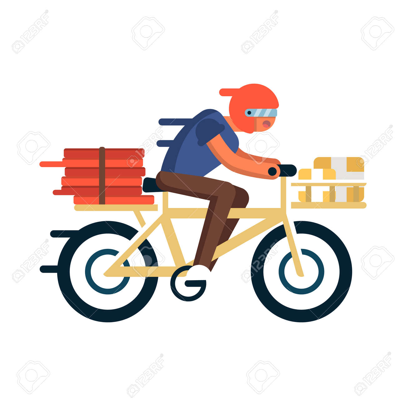 自転車にピザボックスを持つ宅配便 ファーストフードオンライン注文とドアサービスベクトルイラストへの宅配のイラスト素材 ベクタ Image