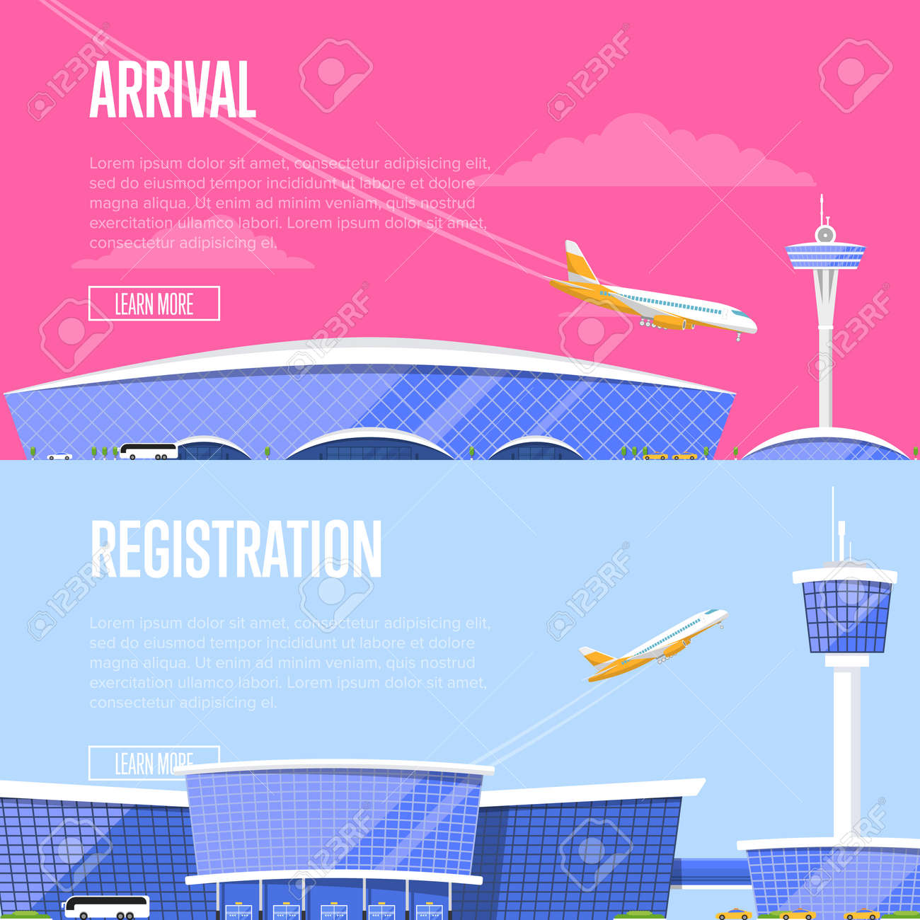 Airplane arrival and airport registration flyers. International airline advertising, touristic air tour. Glassy
