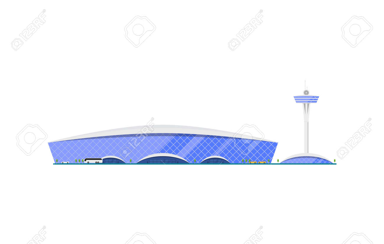 Trendy glassy airport terminal with flight control tower. Air passenger infrastructure vector illustration. Stock