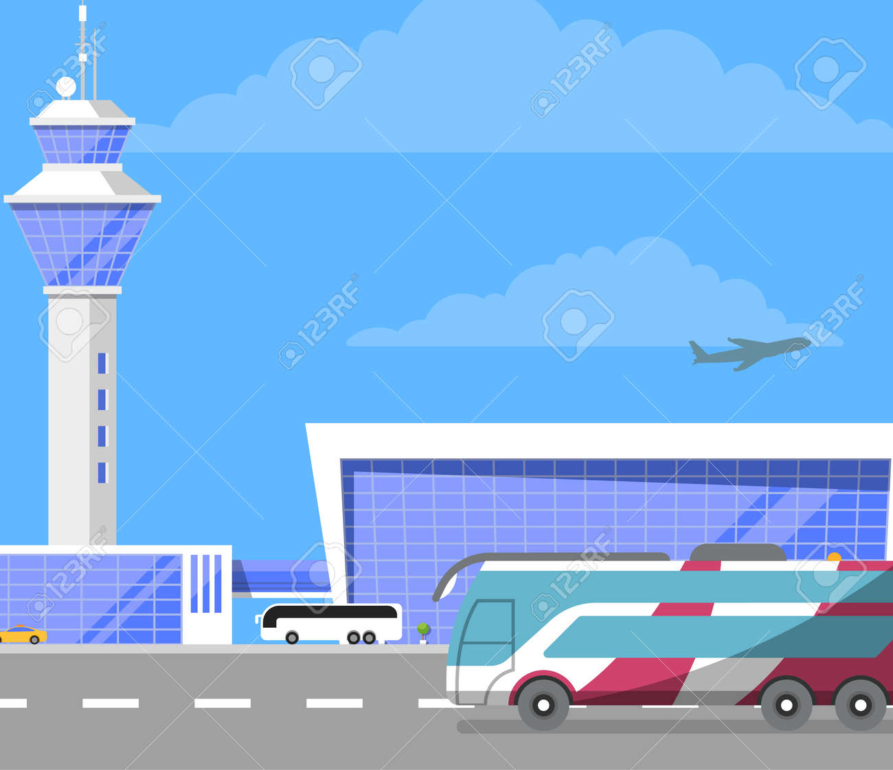 Modern international airport building with flight control tower. Passenger bus on road near glassy air