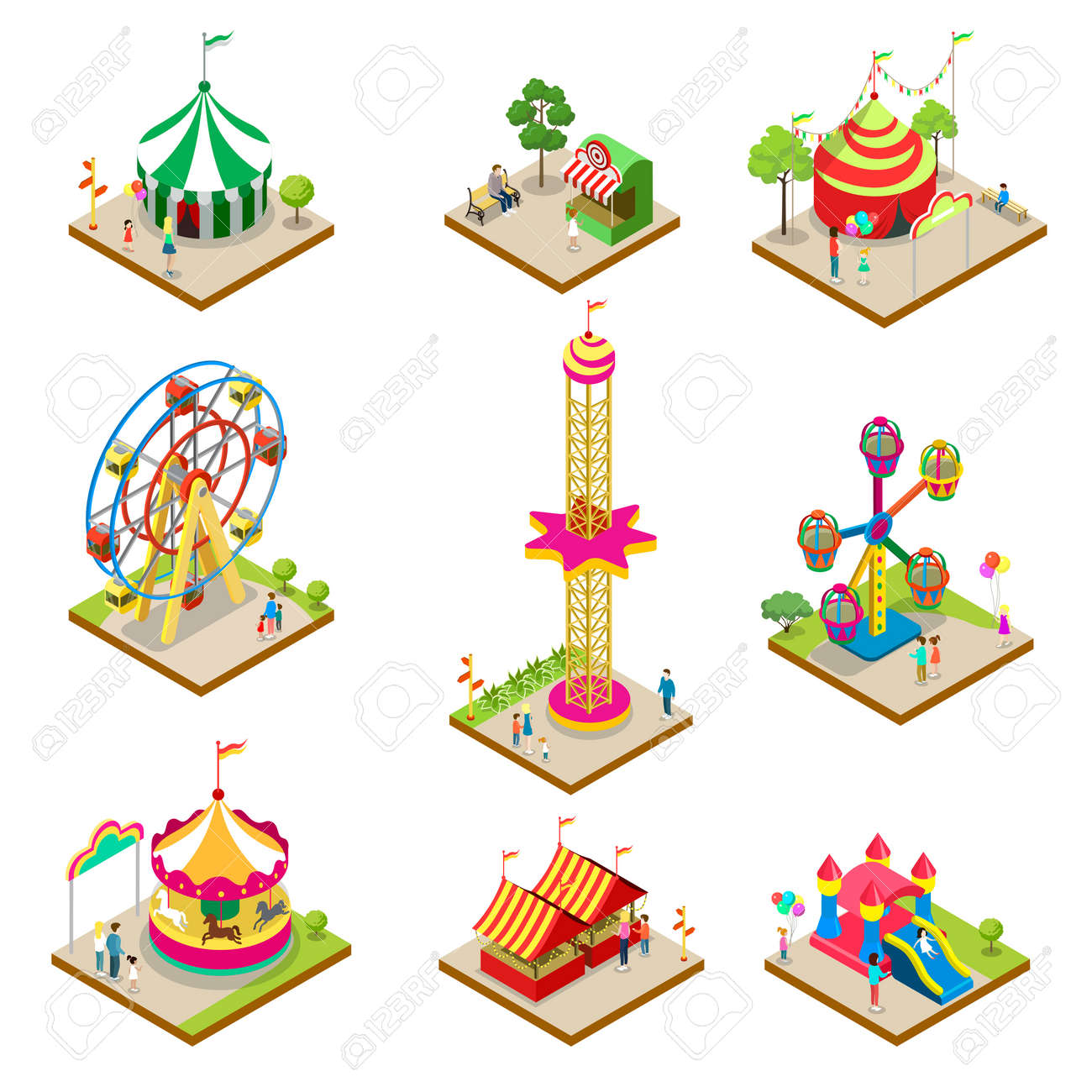 遊園地のアイソメトリック3d要素 ファンフェアカーニバル カルーセル 観覧車 ジェットコースター サーカステント シューティングギャラリー 家族の休息ベクトルのイラストのための建築エンターテイメント要素 のイラスト素材 ベクタ Image 9680