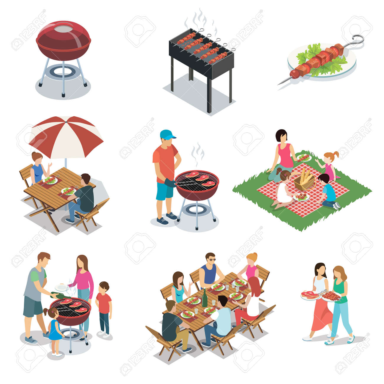 ファミリーグリルバーベキューパーティーは セットを分離しました 様々な食べ物 伝統的な準備グリル肉 草の上のピクニック 家族や友人ベクトルイラスト との屋外夏のバーベキューパーティーとケトルグリル のイラスト素材 ベクタ Image