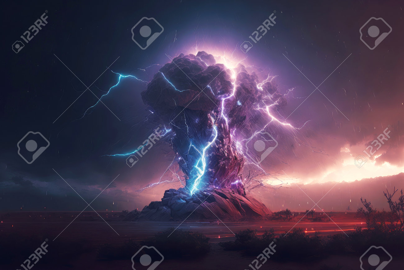 生成AIで作られた巨大な雷の自然災害を伴う雷雨スーパーセルの写真素材