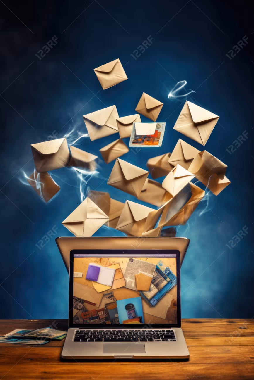 email marketing concept with envelopes and laptop, created with generative ai - 232401464 email marketing concept with envelopes and laptop, created with generative ai - 232401464