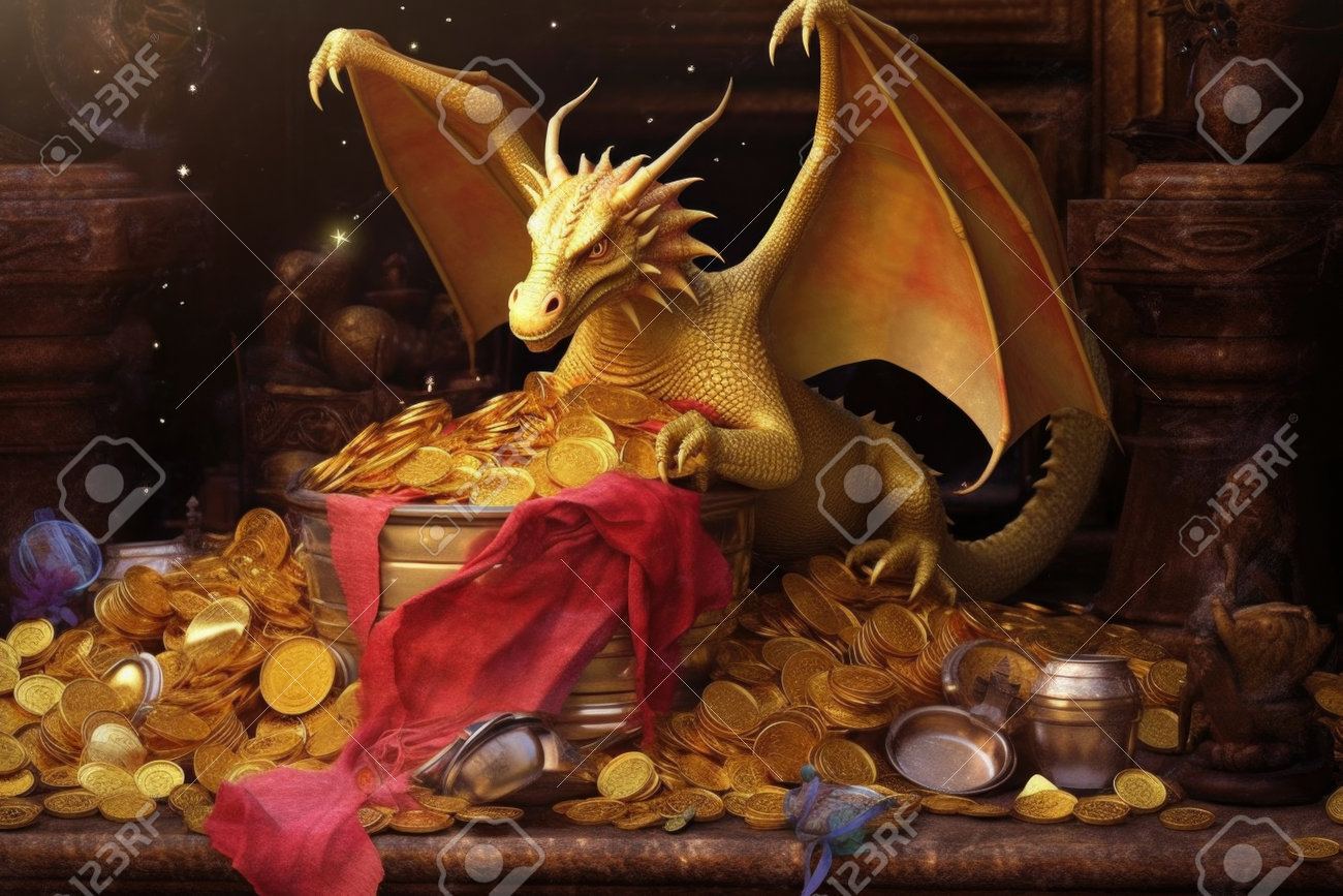 お金の袋を持ったドラゴン (Dragon with money bag 置物 Green Dragon on Gold Coins. Money Dragon Bringing Good Luck and