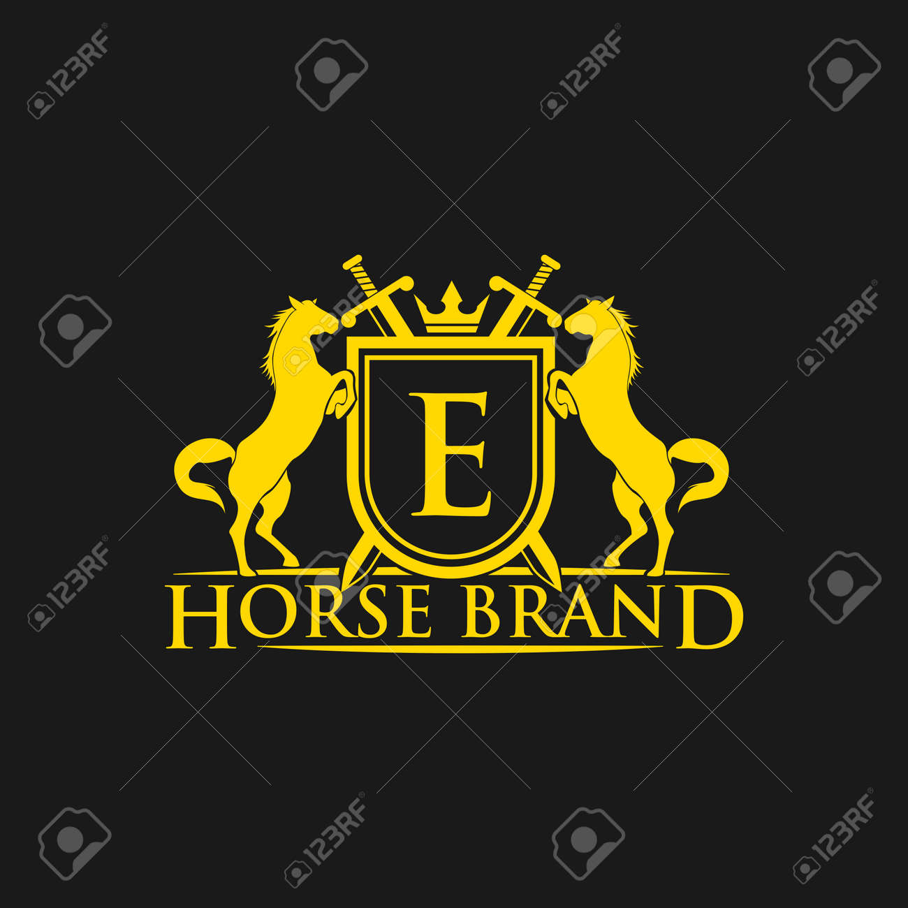 Horse Brand Logo Design Vector. Retro Golden Crest With Shield And Horses.  Heraldic Logo Template. Luxury Design Concept. Can Be Used As Logo, Icon,  Emblem Or Banner. Клипарты, SVG, векторы, и Набор