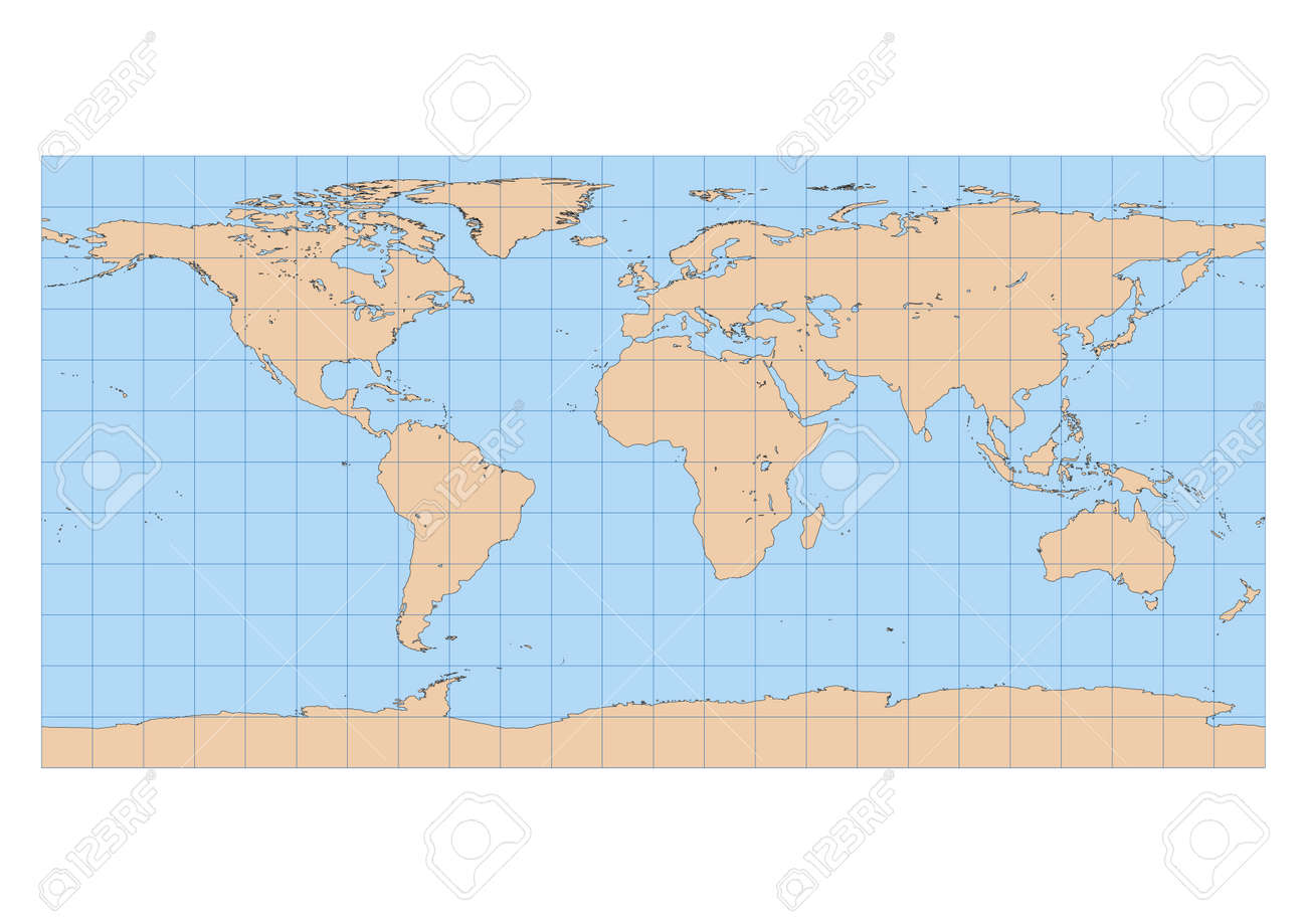 Tres Grande Carte Detaillee Du Monde En Projection Equirectangulaire Avec Reticule Centre Sur L Europe Et L Afrique Clip Art Libres De Droits Vecteurs Et Illustration Image 1767