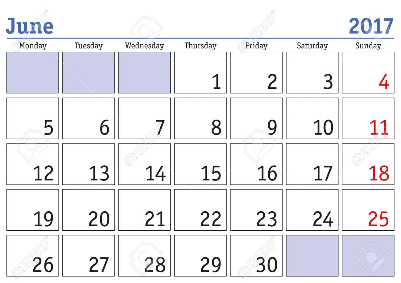 simple digital calendar for june 2017 vector printable calendar monthly scheduler week starts on monday english calendar royalty free cliparts vectors and stock illustration image 64460935